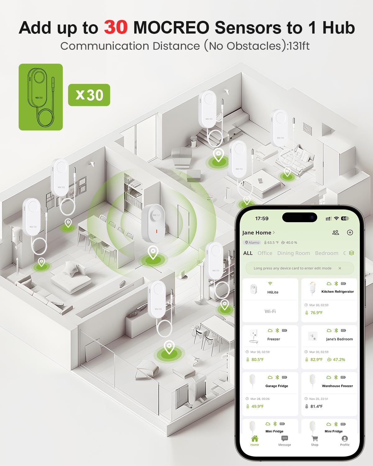 MOCREO Termometro WiFi allarme congelatore, avviso e-mail, notifica app, esportazione record dati, senza costi di abbonamento, sensore di temperatura wireless remoto per frigorifero, congelatore,