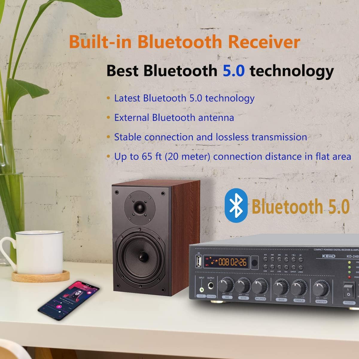 KEiiD KD-240WF amplifier with Bluetooth 5.0 feature highlighted.