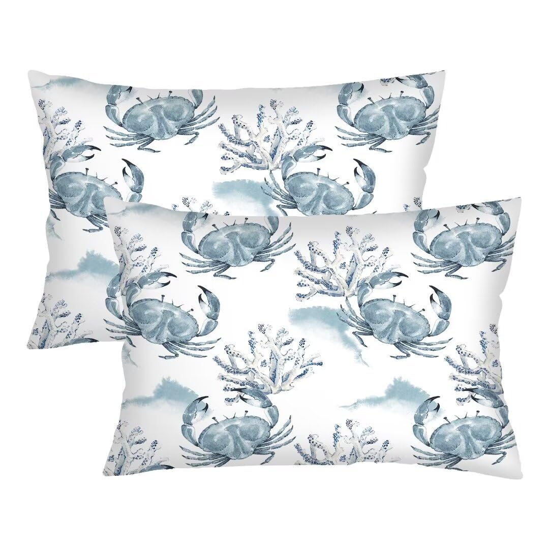 DAOPUDA Coastal Throw Pillow Cover Queen Size Set of 2,Crab Decorative Lumbar Pillow Case Ocean Beach Theme Nautical Pillowcase Standard Pillow Cases