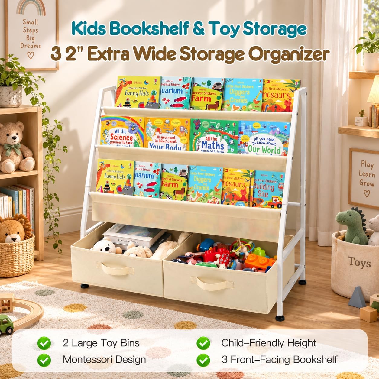 32" Kids Bookshelf and Toy Storage Organizer, Montessori Toddler Bookshelf