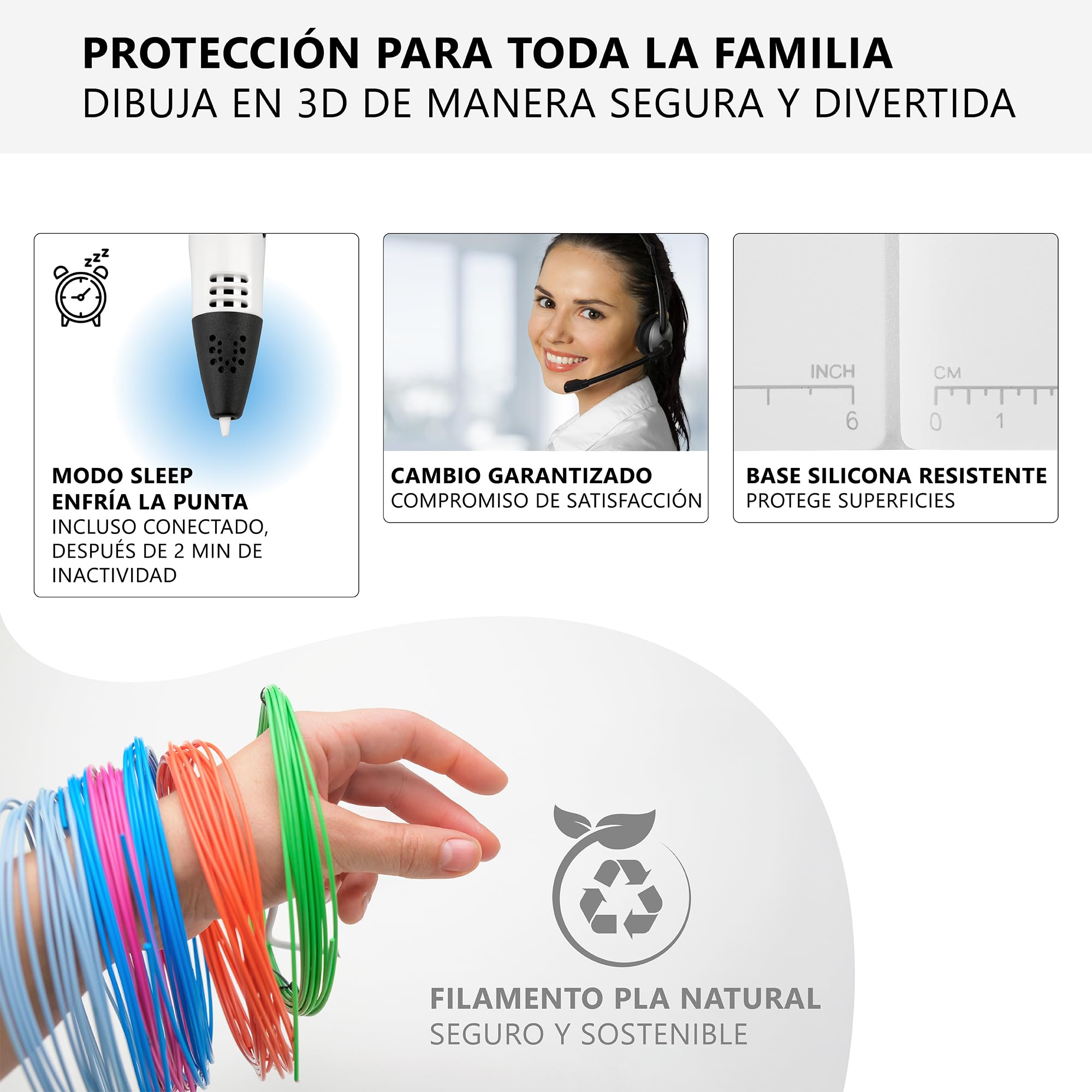 Boligrafo 3D Inspire Labs, Creatividad y Diversión para Niños y Adultos con Apagado Seguro, Base de Silicona, Modo Automático/Manual, 70 M Filamento PLA (14 Colores) + Guía en Español, Lapiz 3D
