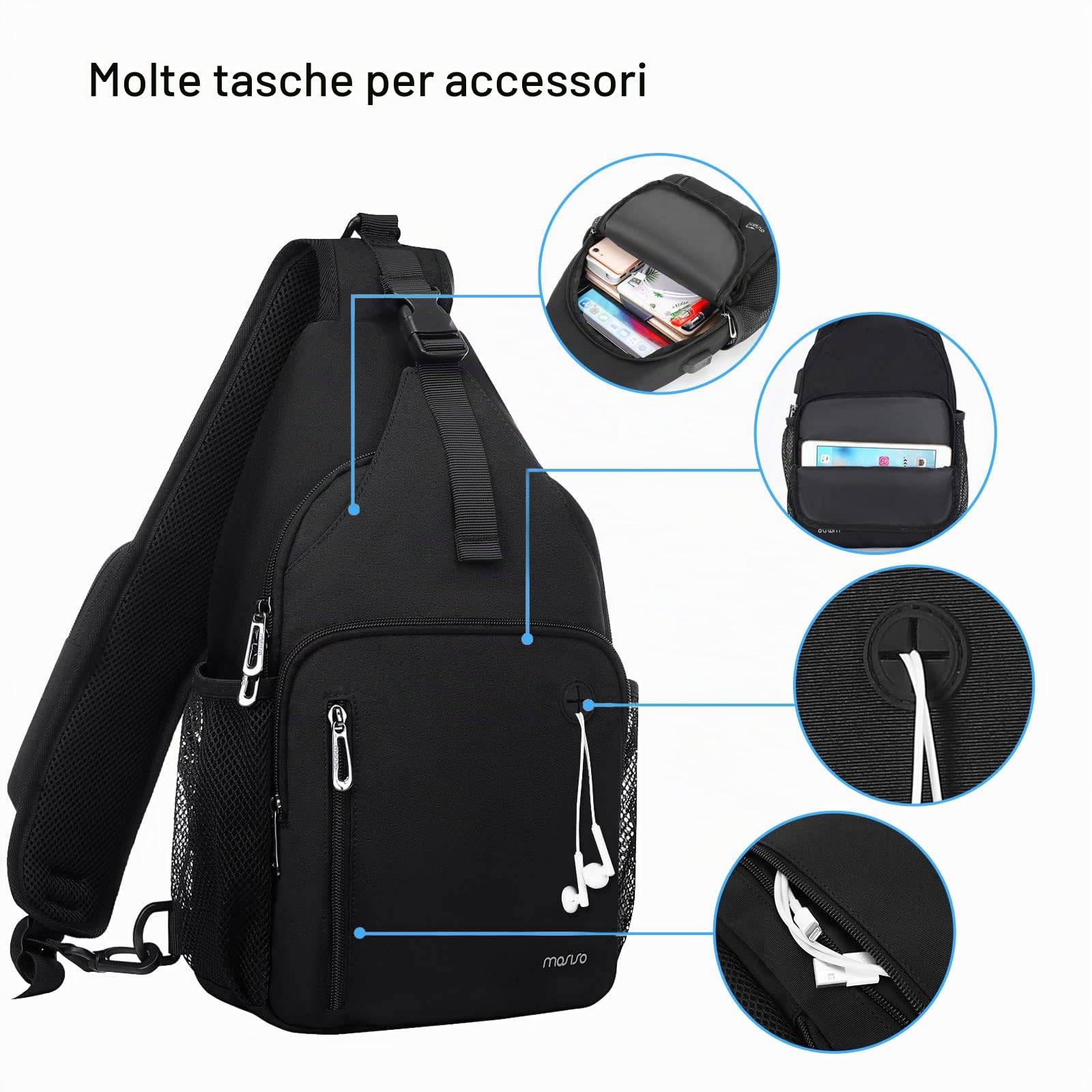 MOSISO Zaino Monospalla a Tracolla per Uomo Donna, Zaino Viaggio e Escursionismo, Borsa Petto con Tasca Quadrata Anteriore e Porta Ricarica USB