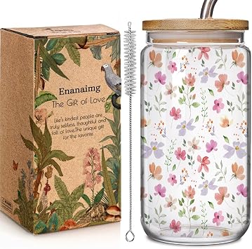 Wildflower Floral 16oz Glass Drinking Cup with Bamboo Lid Christian Gifts for Women Mother, Cute Flower Drinking Glass Gifts for Bestie Mother Birthday Bridesmaid Party
