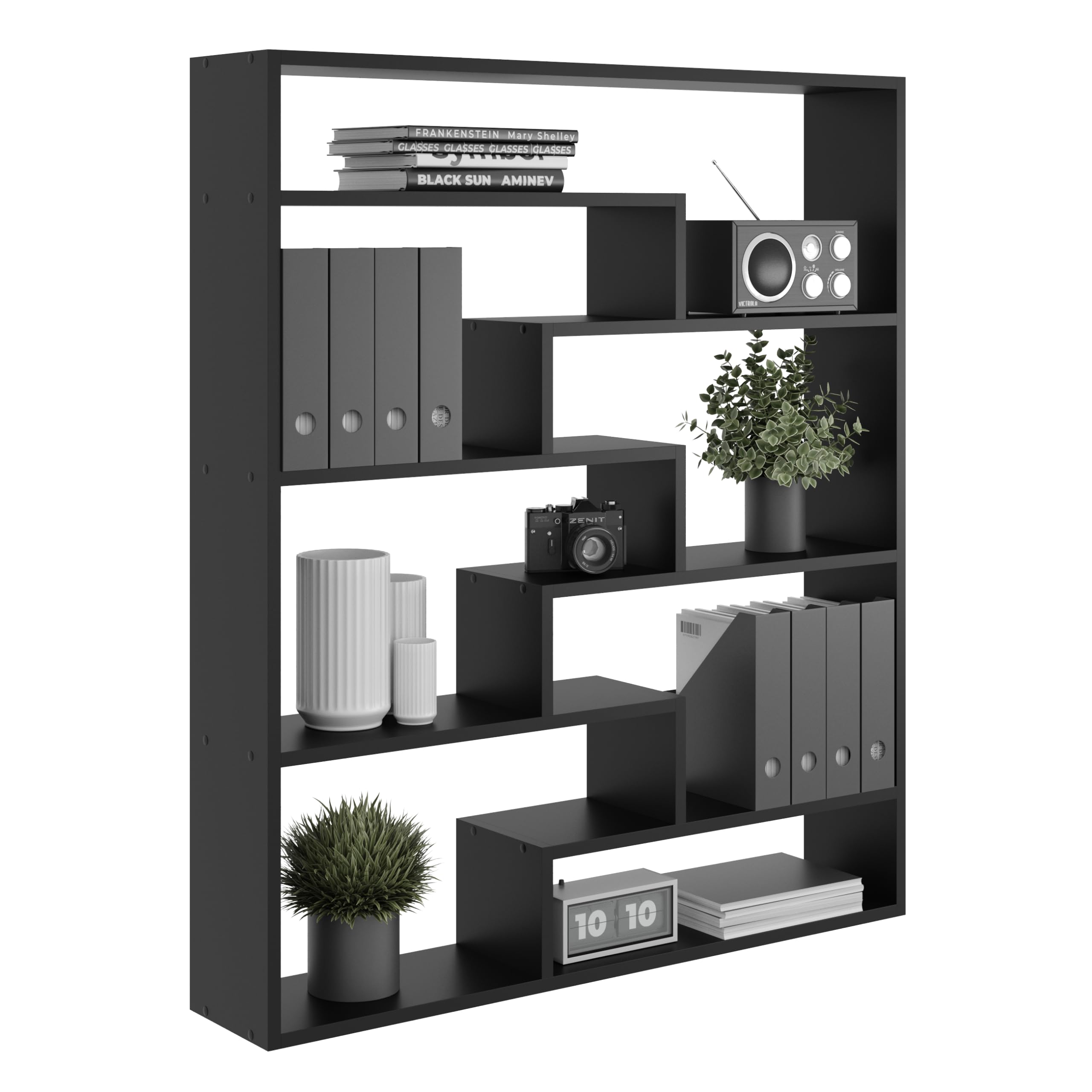 Bücherregal Groß Wandregal mit 7 Fächern 119x103x18 Hängeregal Mordern Deko Schweberegal (Schwarz)