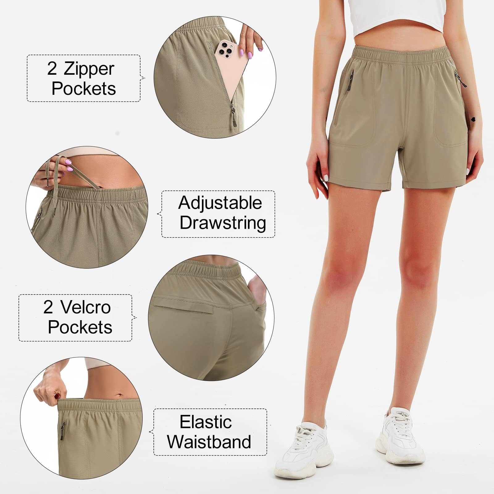 Short Cargo de randonnée pour Femme de 12,7 cm, 17,8 cm, à séchage Rapide, léger, athlétique, pour entraînement avec Poches à Fermeture éclair