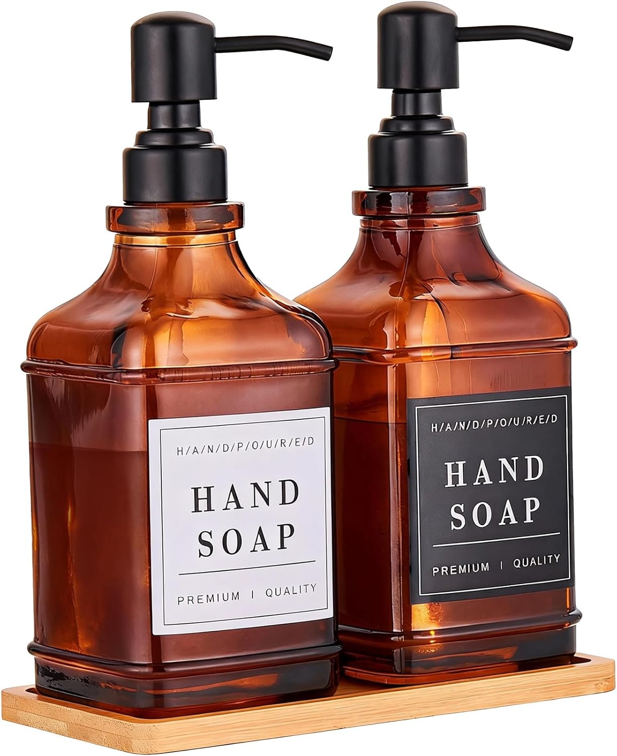 Amber Glass Soap Dispenser with Pump,Tray,Funnel, Countertop Soap and Lotion Dispenser Set of 2 with 60 Stickers, Dish and Hand Soap Dispenser Bottle for Kitchen,Bathroom,Shower,500ml/16.9oz