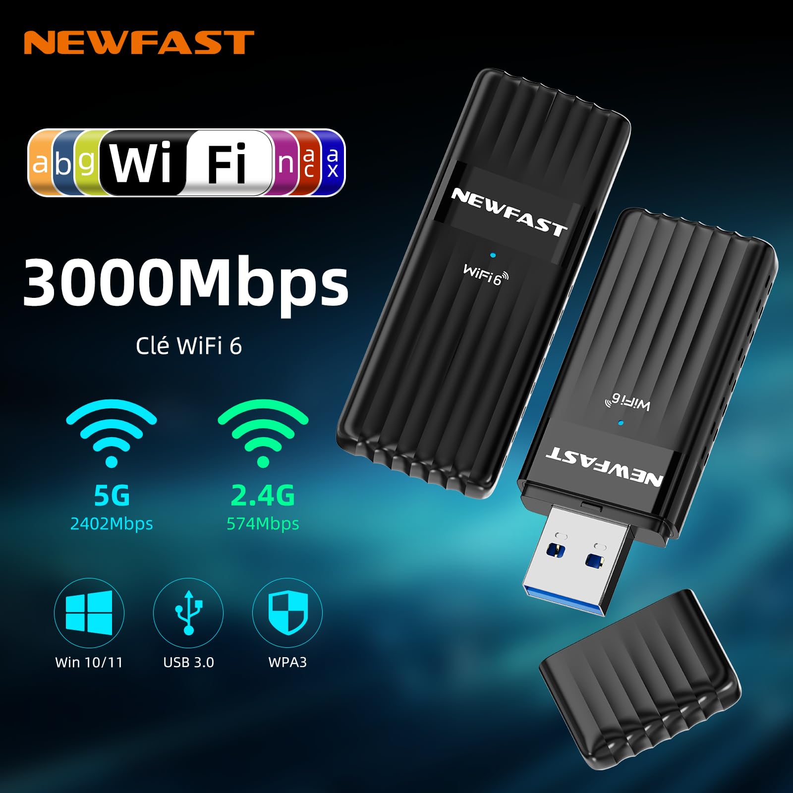 NEWFAST Clé WiFi 6 AX3000 Adaptateur USB 3.0 Double Bande MU-MIMO WPA3 OFDMA 5GHz Dongle WiFi pour PC Windows 11/10