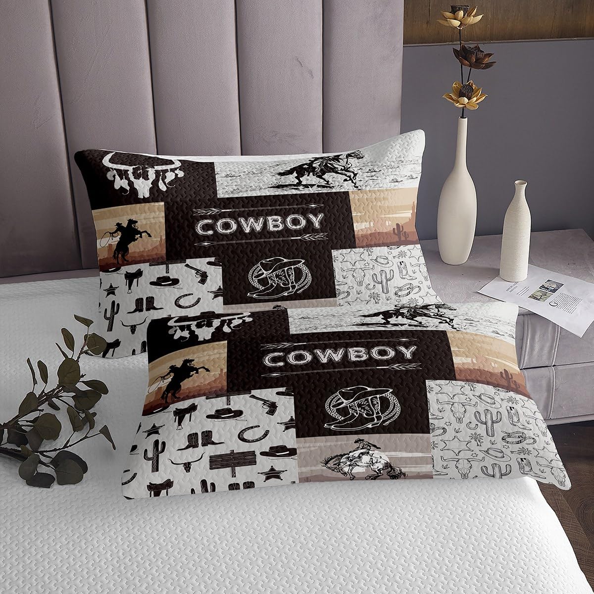 Western Cowboy Kołdra w rozmiarze L dla dorosłych kobiet, kozaki, czaszka, strzałka, południowo-zachodni, szkic, zestaw z 2 poszewkami na poduszki, dzika krowa, zwierzęta, patchwork