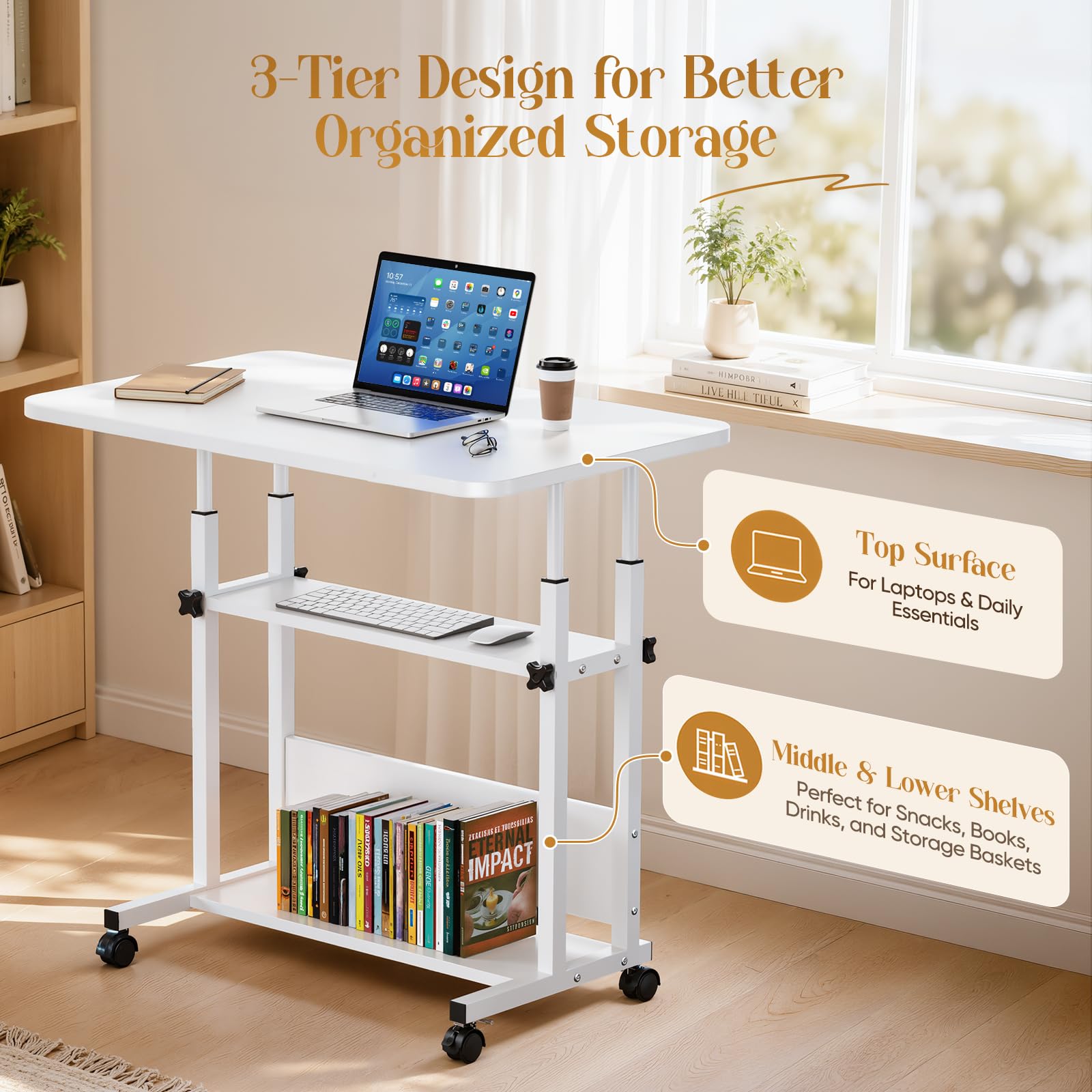 Table à roulettes réglable en hauteur à 3 niveaux, bureau d'ordinateur mobile avec roues verrouillables, cadre en acier en forme de H, réglable de 60 à 85 cm, plateau de table de 80 x 50 cm