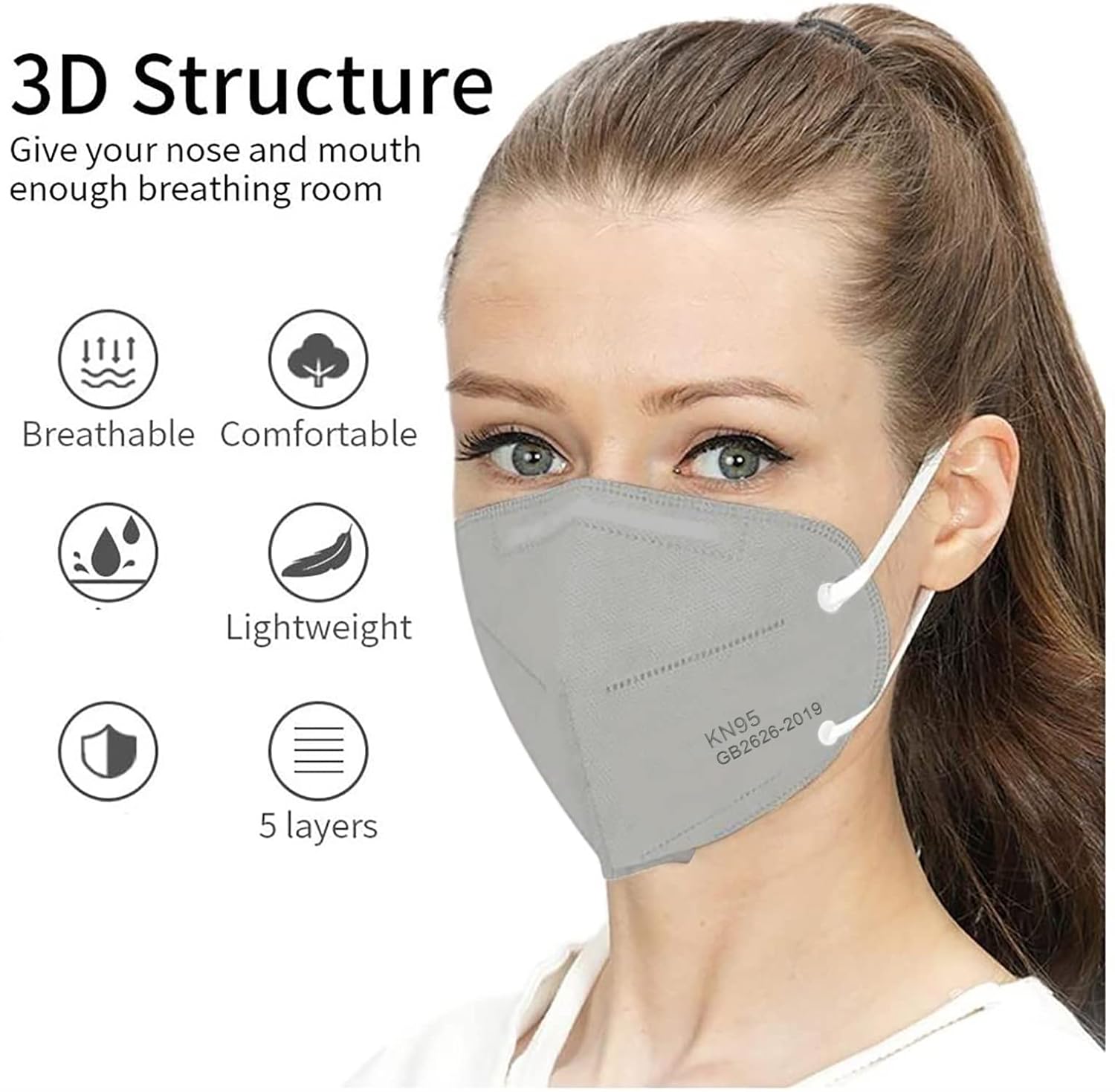 LEMENT 50PCS KN95 Face Mask, Cup Dust Masks with Elastic Ear Loops(Grey)