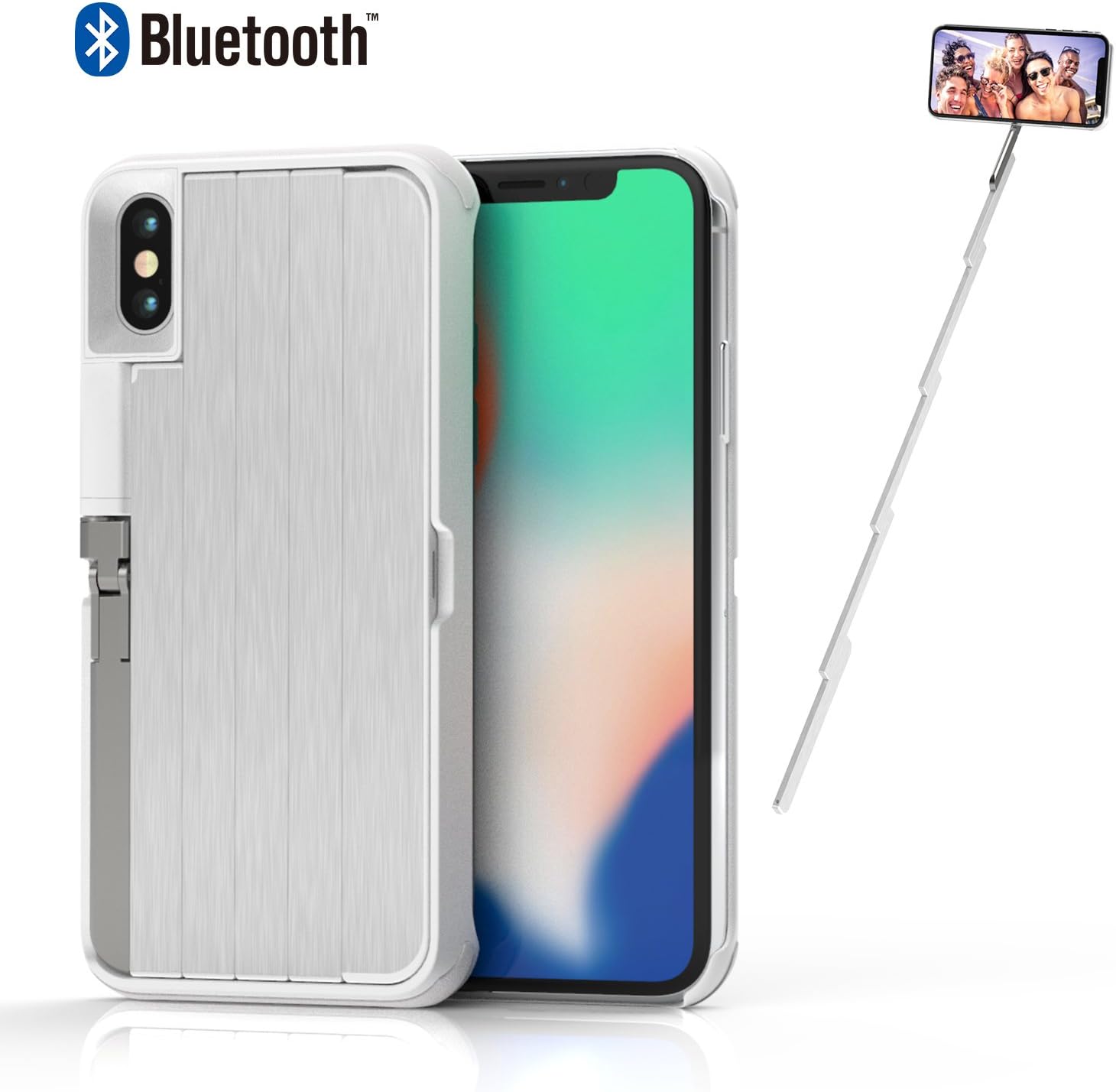 ETROBOT Selfie Stick Case for iPhone X 3 in 1 iPhone X Case Cover with Extendable Wireless Rechargeable Bluetooth Selfie Stick Aluminium Kickstand Phone Stand Shockproof Hard Case Protection White