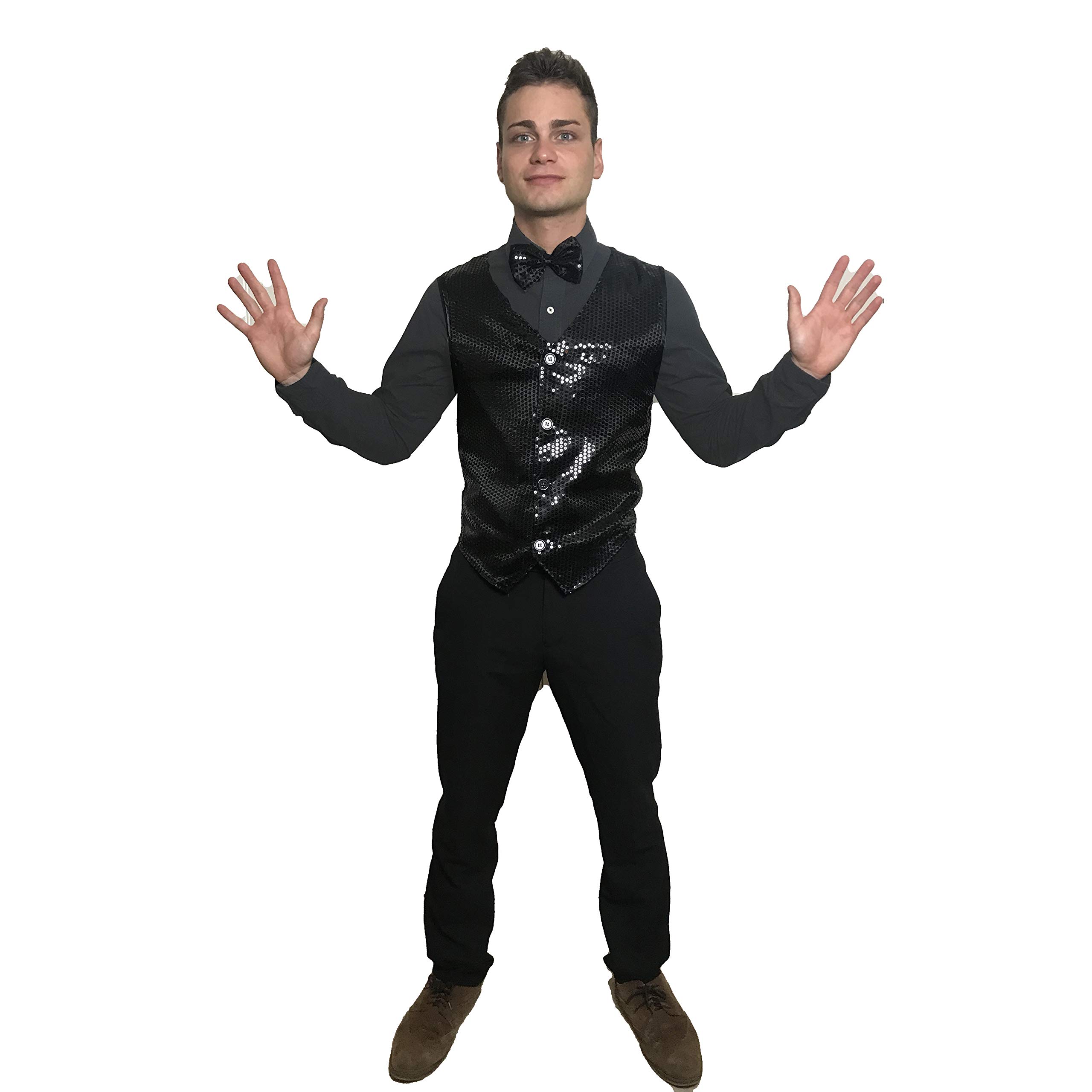 SoWest Men’s Gold Sequin Waistcoat & Bow Tie Set – Shiny Showbiz Fancy Dress Costume Vest for Party, Festival, Disco & Carnival Events | Adult Sparkly Dress-Up Outfit, Black - S