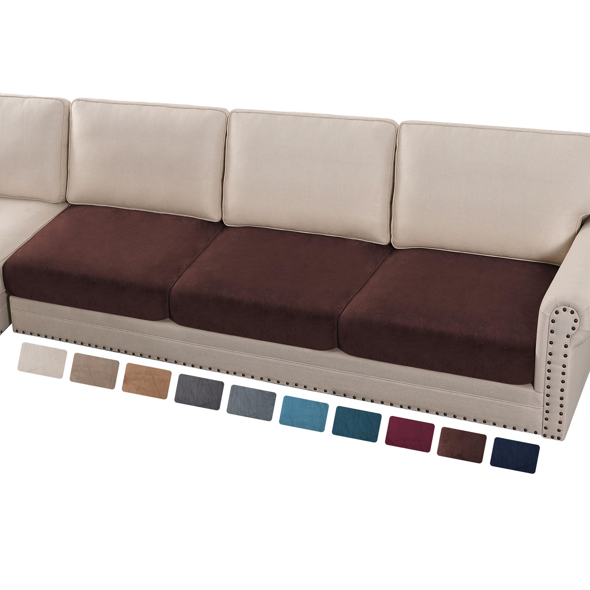 PrinceDeco Velvet Couch Cushion Covers 3 Pieces Velvet Separate Couch Cover Stretch Sofa Slipcover Washable Furniture Protector for Sectional Sofa Each Width Up to 40", Brown