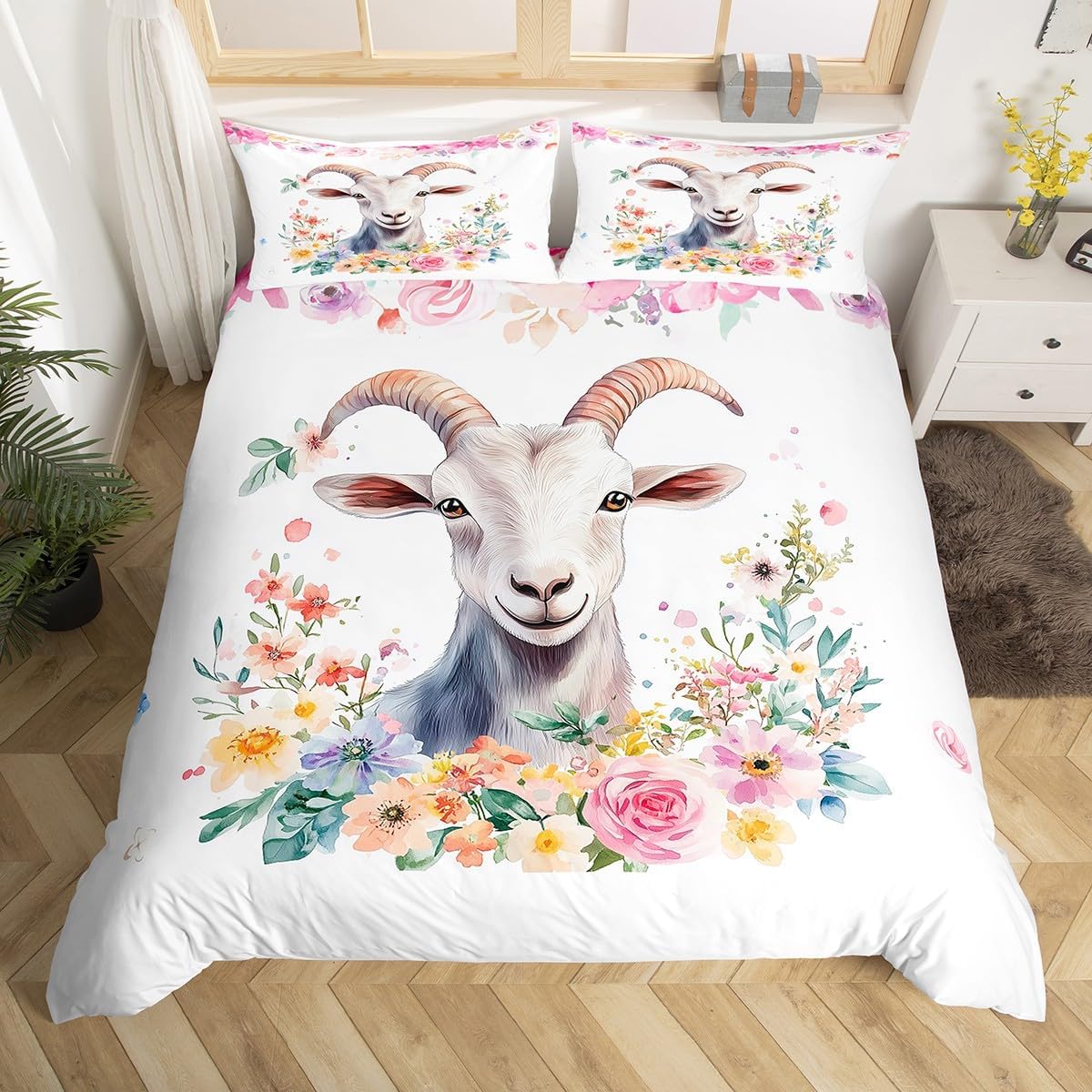 Erosebridal Goat Duvet Cover Boho Floral Twin Bedding Set for Girls Boys Kids Child,Cute Sheep Wild Animal Comforter Cover Watercolor Flowers Bed Set,Rustic Wildlife Bohemian Decor