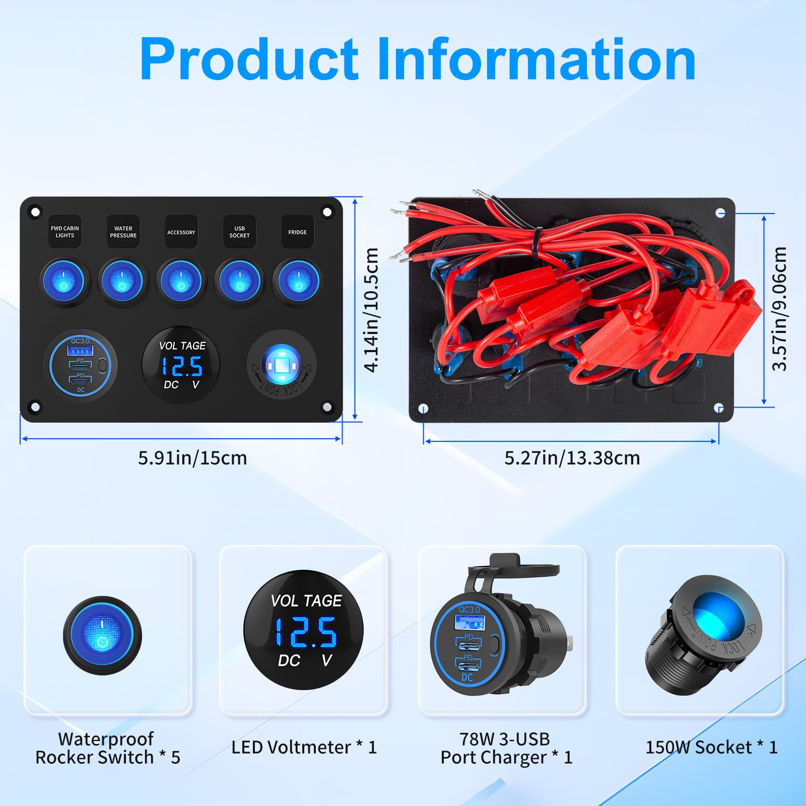 12V 24V 5 banda Interruttore Rocker ON Off Pannello in alluminio pre-cablato Impermeabile con caricabatterie auto triple porte USB 78W, Voltmetro digitale LED e presa accendinore per sigarette