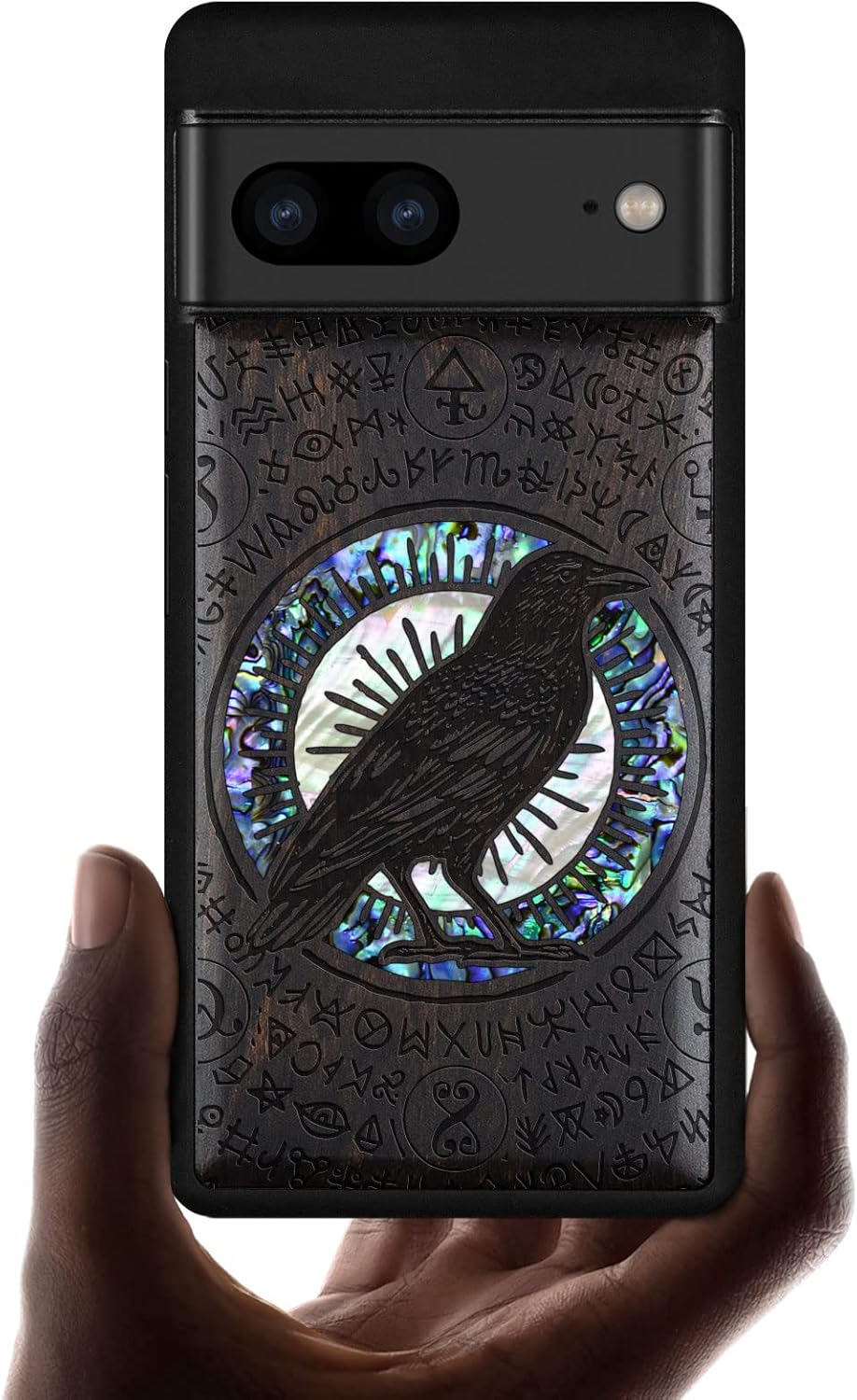 Carveit Designer Wooden Case for Google Pixel 7 Case Protective Cover [Wood Engraving & Shell Inlay] Unique Wood Cover Compatible with Wireless Chargers Pixel 7 (Compass-Blackwood)