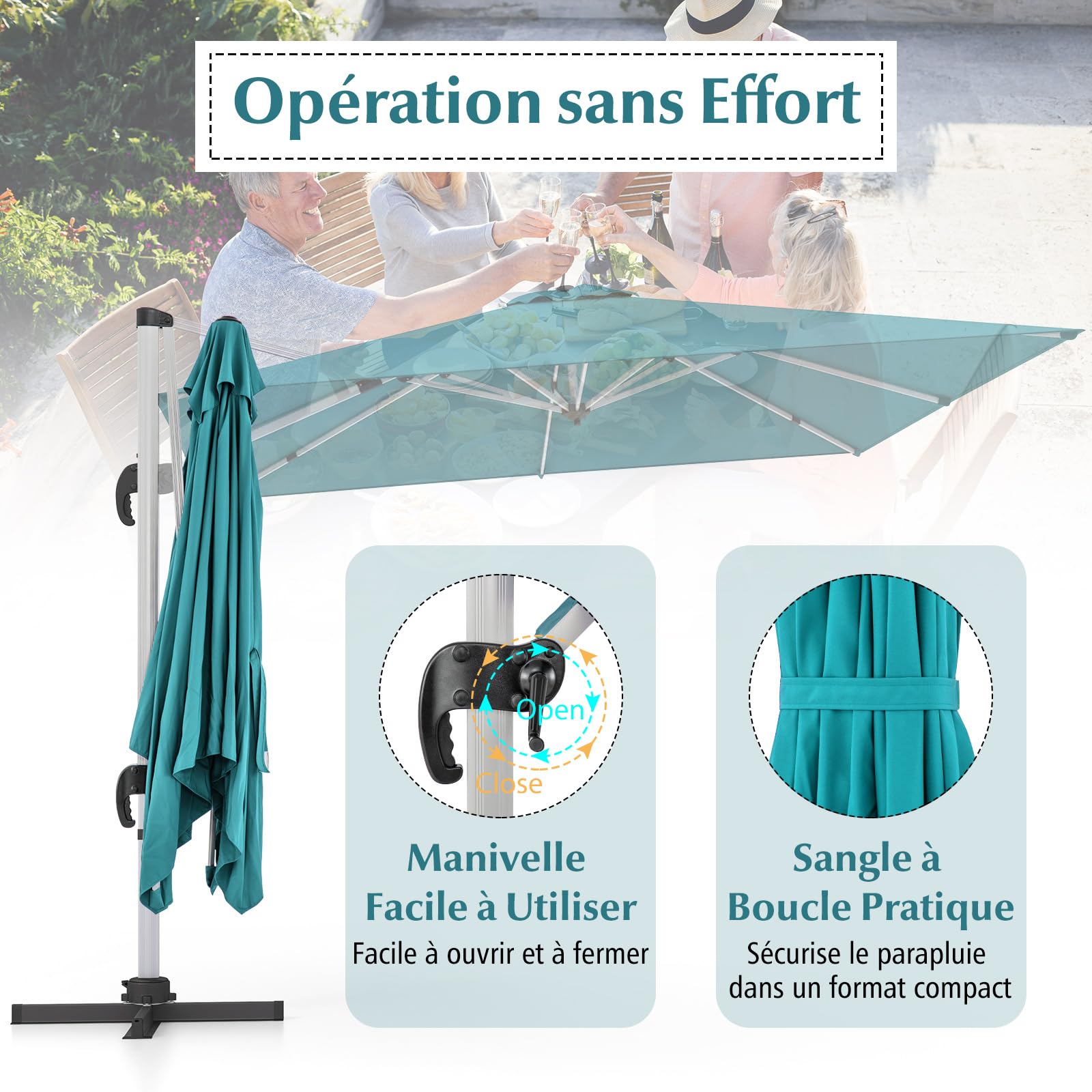 COSTWAY Parasol Déporté 3x3M, Carré de Jardin Avec Base en Croix, Inclinable 5 Angles et Hauteurs Réglables, Excentré Rotatif à 360° Avec Manivelle et Double Toit (Bleu)