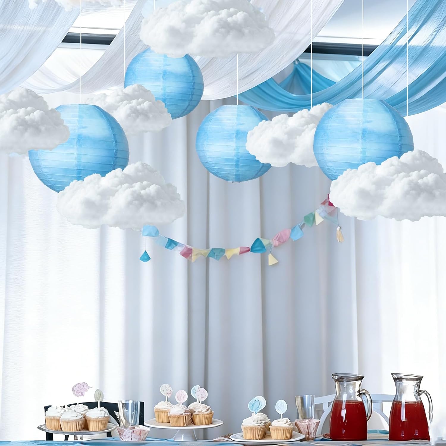 Wettarn 6 Set Cloud Lights for Room Ceiling Blue Sky White Cloud Party Decoration Paper Lanterns with Fiber 3D Clouds Hanging DIY 9.85" X7.87" Round Paper Lanterns for Bridal, Wedding Party Favor