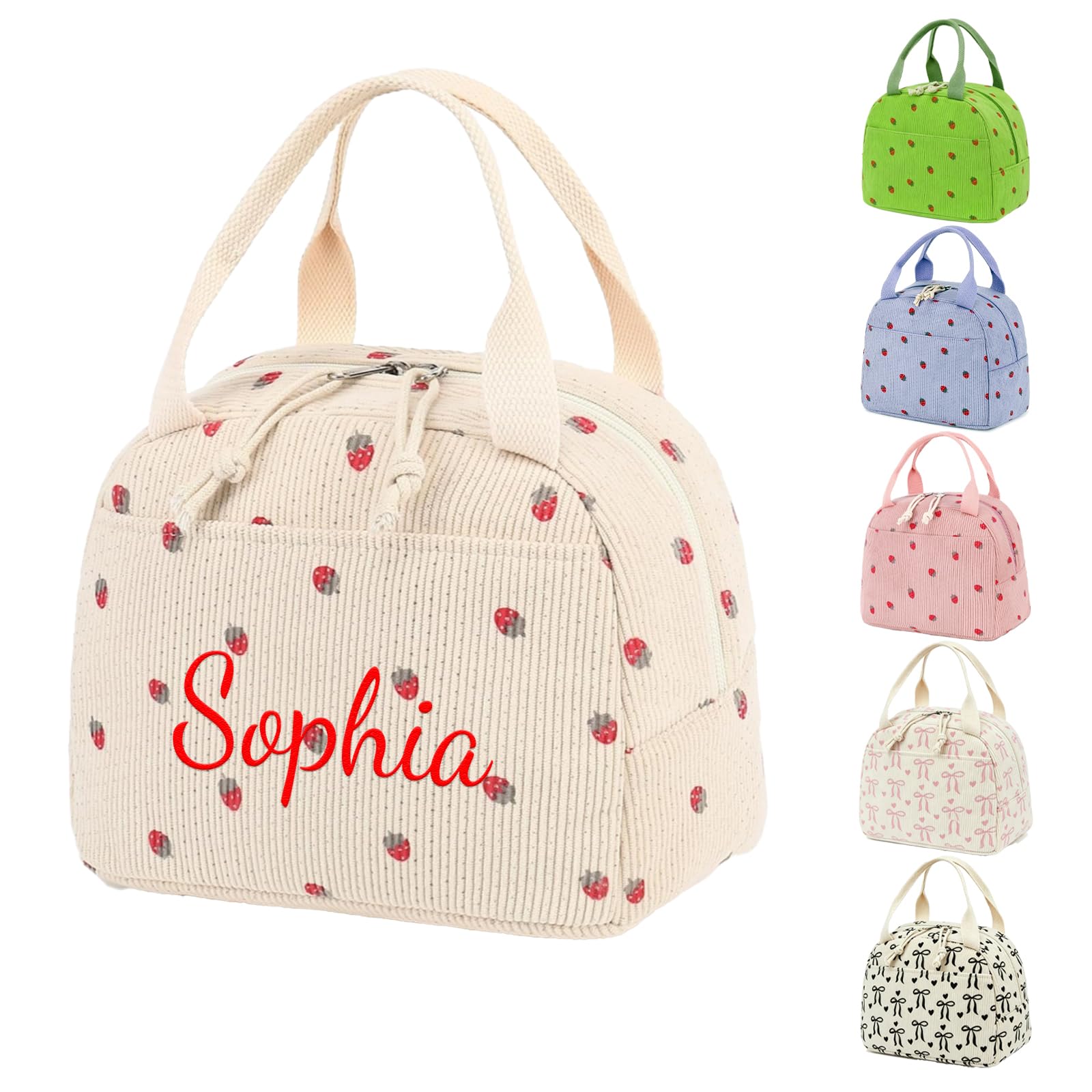 Personalised Embroidery Lunch Bag, Customizable Name Corduroy Lunch Box, 25.4x19x18cm, 9.5L, Double Zipper, for Women & Kids, Work School Picnic