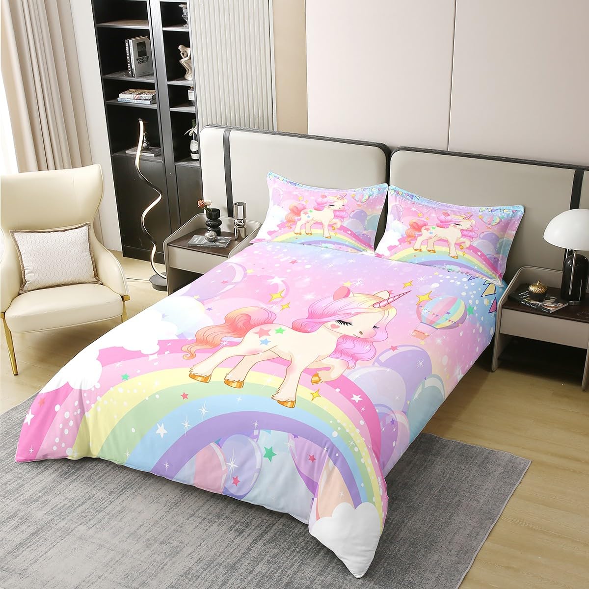 Homemissing Licorne Housse De Couette 140x200cm 100% Coton Kawaii Mignon Rainbow Licorne Housse De Couette Cheval Literie Enfants Galaxie Étoiles Magique Rose Animaux Parure Lit