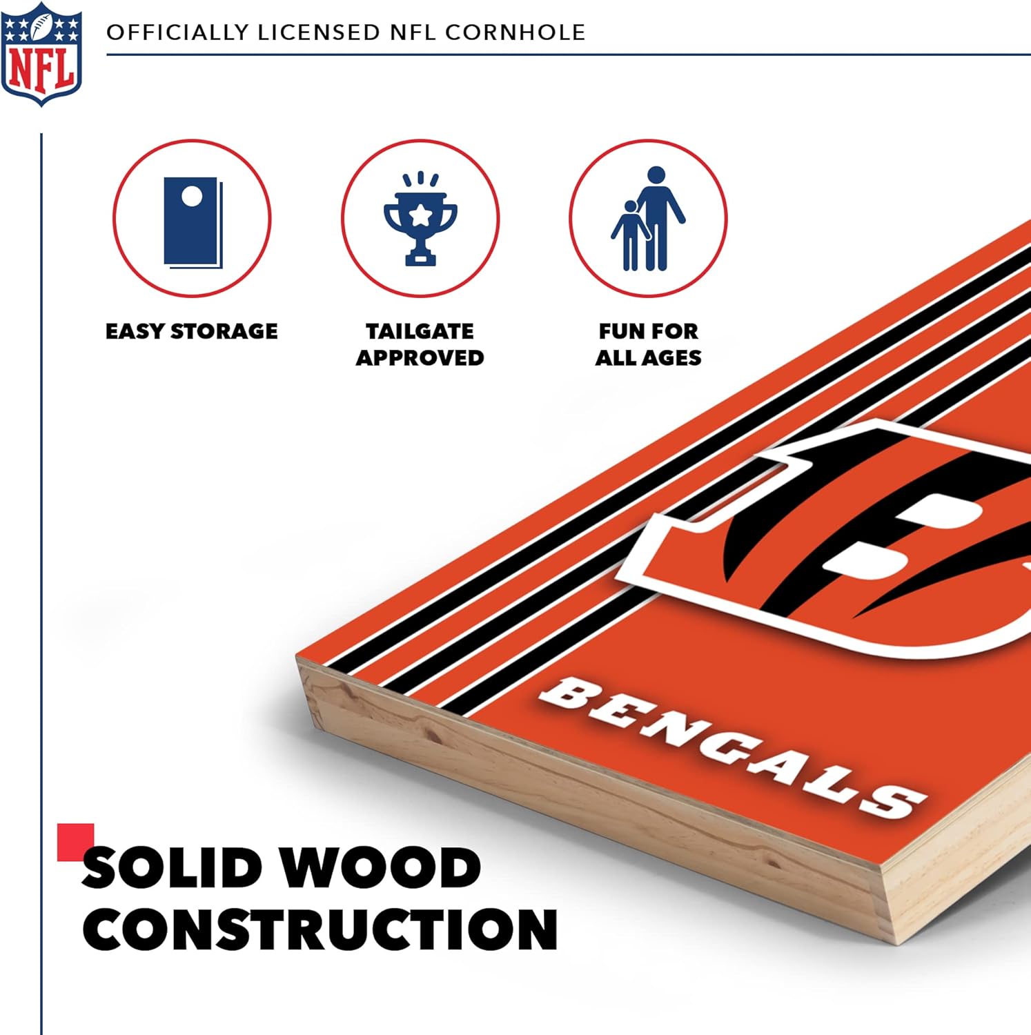 Wild Sports 2' x 3' Solid Wood Cornhole Set with Direct Print HD Team Graphics – Great Gift for Any Football Fan! Bean Bag Toss Family Outdoor Games – NFL Cincinnati Bengals