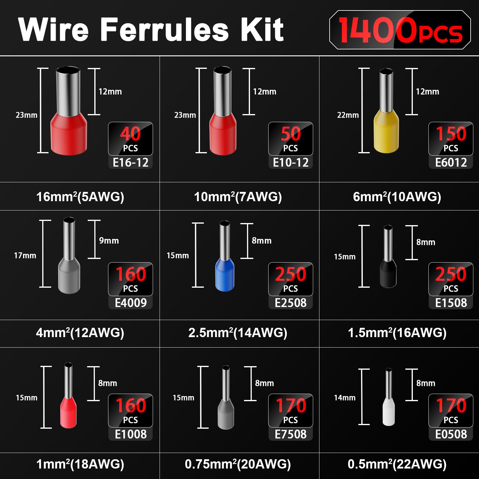 Kit di crimpatura con ghiera 0,08-16 mm² AWG 28-5, crimpatrice a cricchetto con 1400 puntali, set di crimpatura esagonale autoregolante, kit di crimpatura per terminali elettrici con custodia