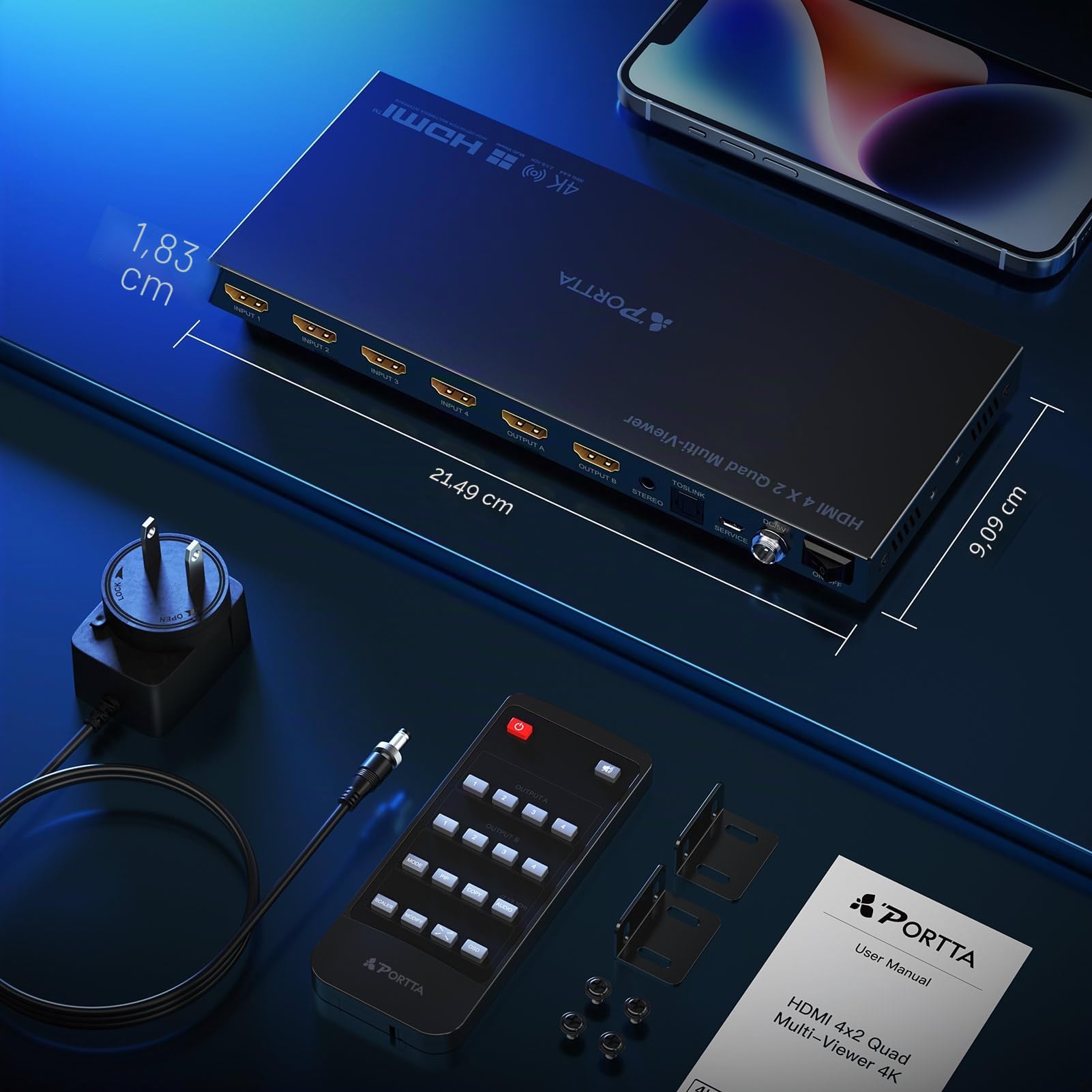 4K HDMI Multiviewer Switch 4x2 con PIP, Porta Quad Multi Viewer Switcher 4 in 2 con Toslink, supporto audio da 3,5 mm Supporto 4K 30Hz, 6 modalità di visualizzazione, Downscaler per PC, DVD