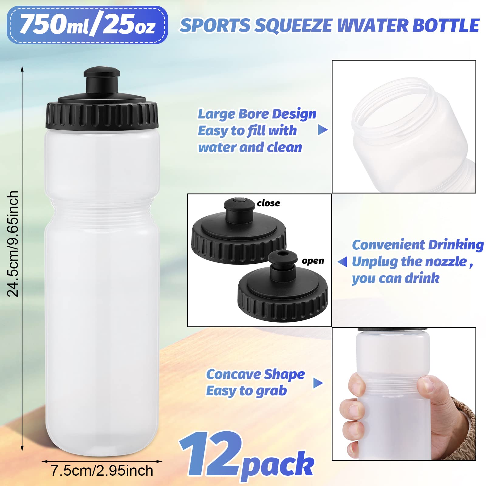 Mimorou Wasserflaschen für Sport, zum Quetschen, 758 ml, Sport-Wasserflaschen mit leicht zu öffnendem Push/Pull-Kappe, wiederverwendbare Kunststoff-Wasserflaschen für Fahrräder, Weiß, 12 Stück