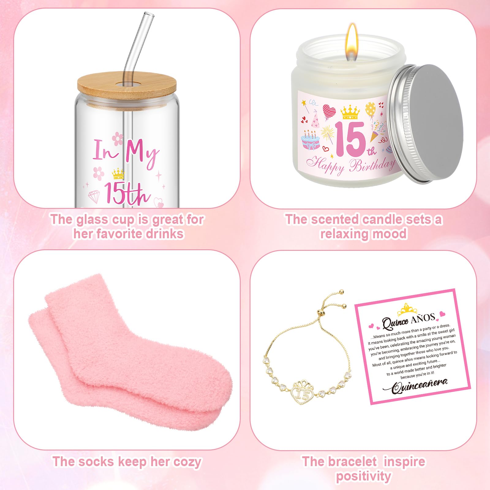 8 Pcs Quinceañera Gifts Set for Girls, 15 Year Old Girl Birthday Decorations 15th Birthday Gifts for Daughter, Granddaughter, Sister, and Niece