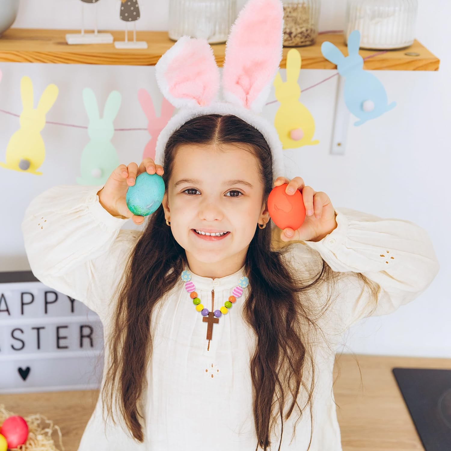 BeYumi Easter Cross Necklace Craft - 24Pcs Easter Christian Wooden Cross Eggs Beads Necklace Craft Kit for Kids DIY Gift Religious Jesus Eggs Decor Sunday School Classroom Church Party Fun Activities