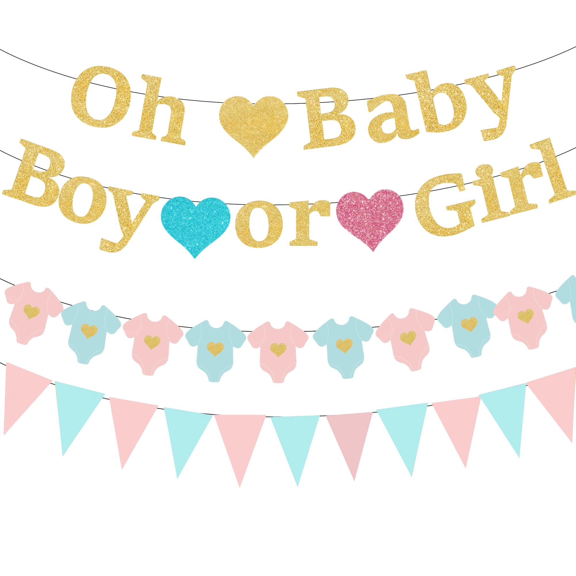 Boy or Girl Banner Gender Reveal Decorations,Gold Glitter Pink Blue Pennant Banner,He or She for Baby Gender Reveal Shower Party Decor Supplies
