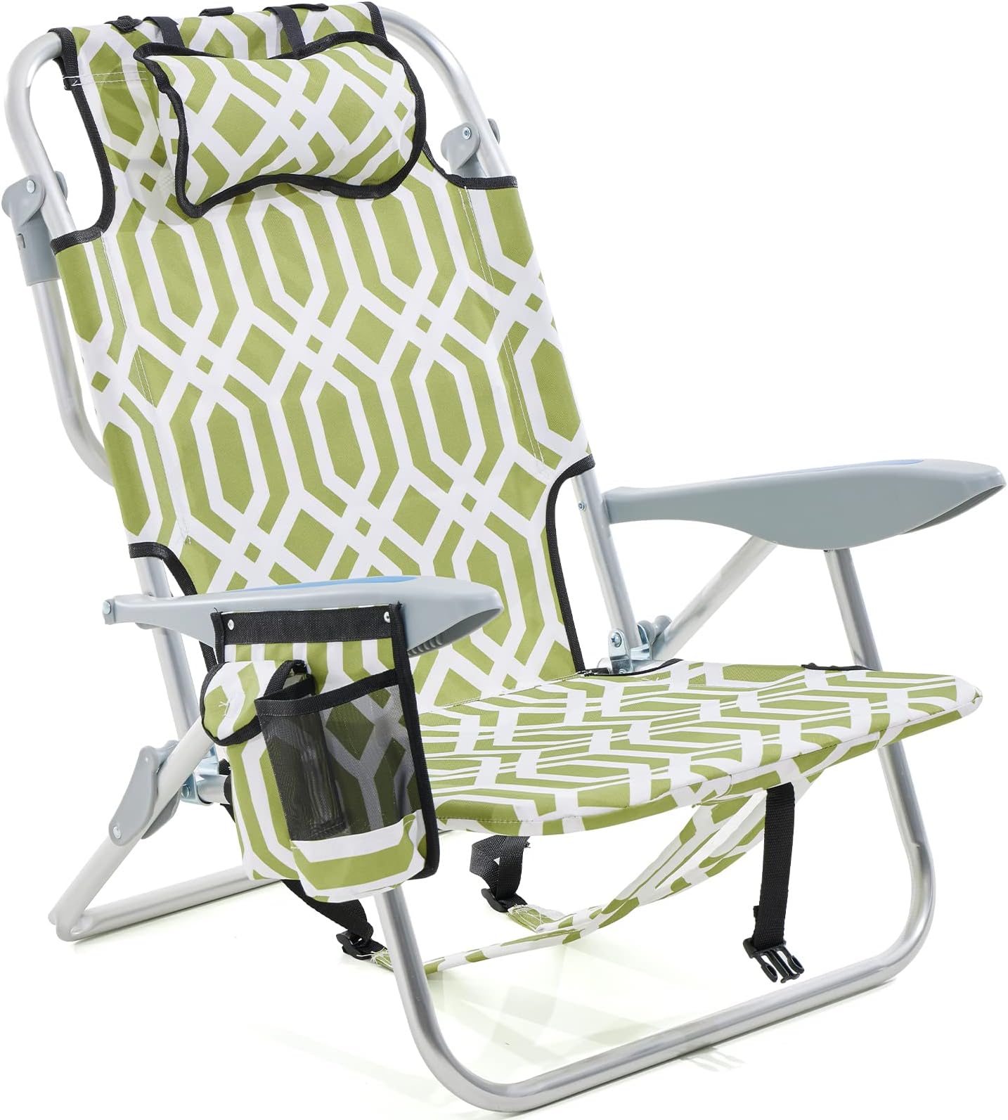 Canpsky Portable Beach Chair for Adults, Outdoor Lightweight Camping Chair Lay Flat Folding Backpack Beach Reclining Chair with 4 Positions, Headrest, Cooler Pouch, Cup Holder, Yellow Green Geometry