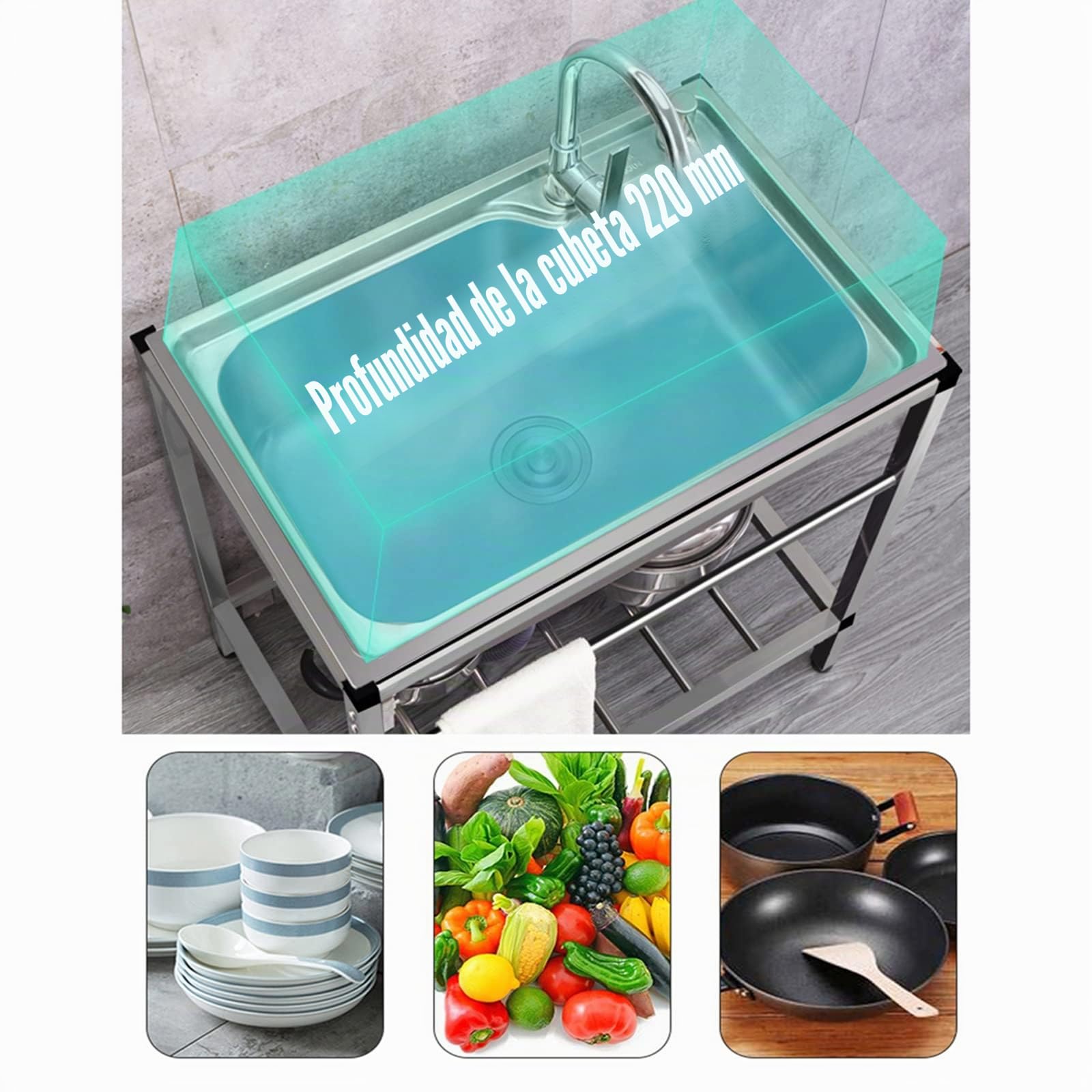 Fregadero de Acero Inoxidable de Un Seno Con Grifo y Escurridor - Pie Libre Para Garaje, Restaurante, Cocina, Cuarto de Lavado, Interior y Exterior (C)