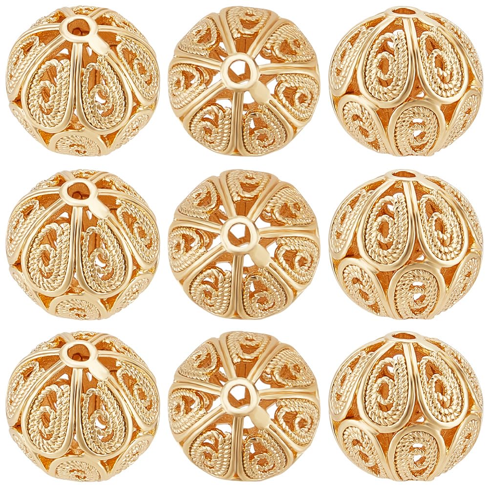 Beebeecraft 1 Box 20Pcs Round Beads 18K Gold Plated Brass Filigree Beads Hollow Beads Loose Beads with 1.6mm Hole for Earrings Bracelet Waist Chain Necklaces Jewelry DIY Crafts