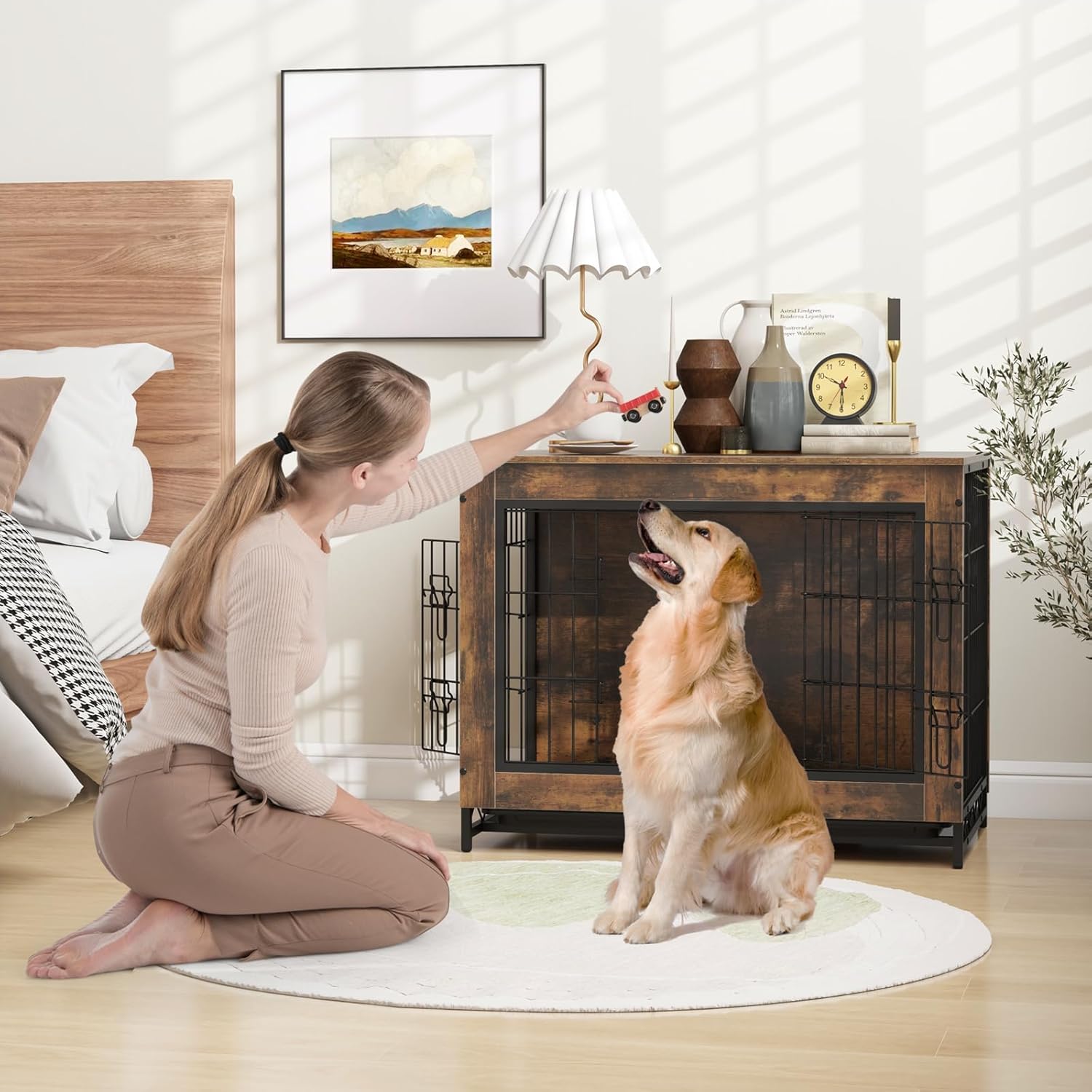 Giantex Dog Crate Furniture - 32.5" L Dog Kennel Side Table with Double Doors & Removable Pull-Out Tray, Left or Right Side Door, Modern Dog Cage Pet House End Table for Medium Dogs, Rustic Brown