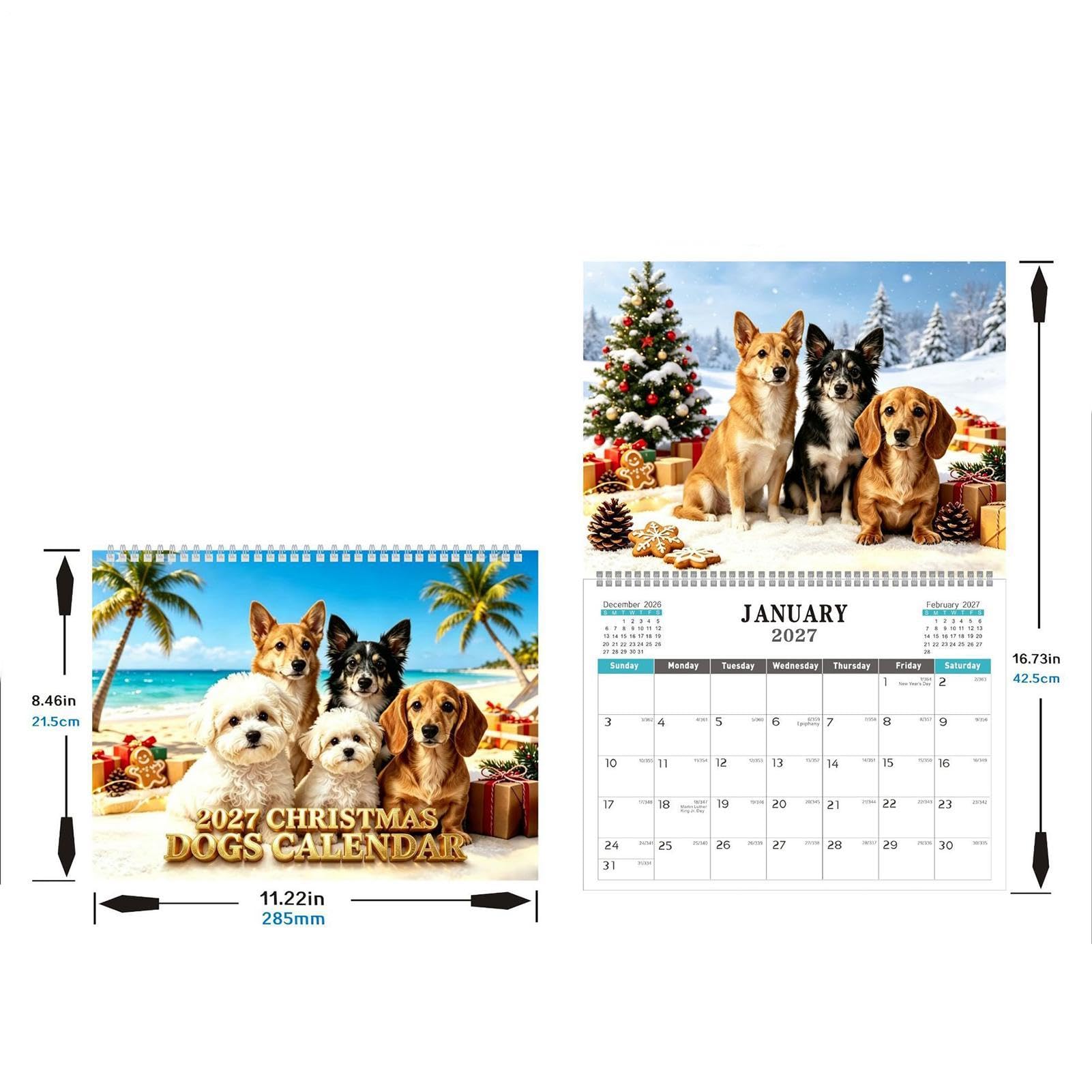 Calendrier mural 2027 amusant et mignon sur 12 mois en forme de chien