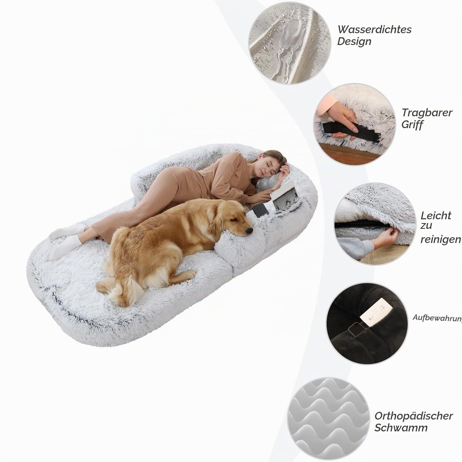 Faltbares Hundebett für menschliche Hunde, tragbar, 2-in-1, riesiges Bett für beruhigende Hunde in menschlicher Größe, 180 x 119,2 x 24,9 cm, Schlafsofa aus Kunstpelz in menschlicher Größe