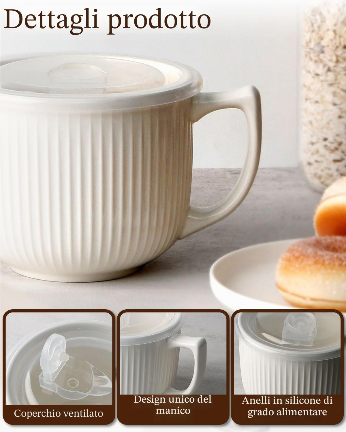 NUTRIUPS 900ml tazza per microonde con coperchio, ciotola per noodles istantanei,ciotole per brodo zuppe con manico, tazza per cereali colazione, ciotola ceramica con coperchio