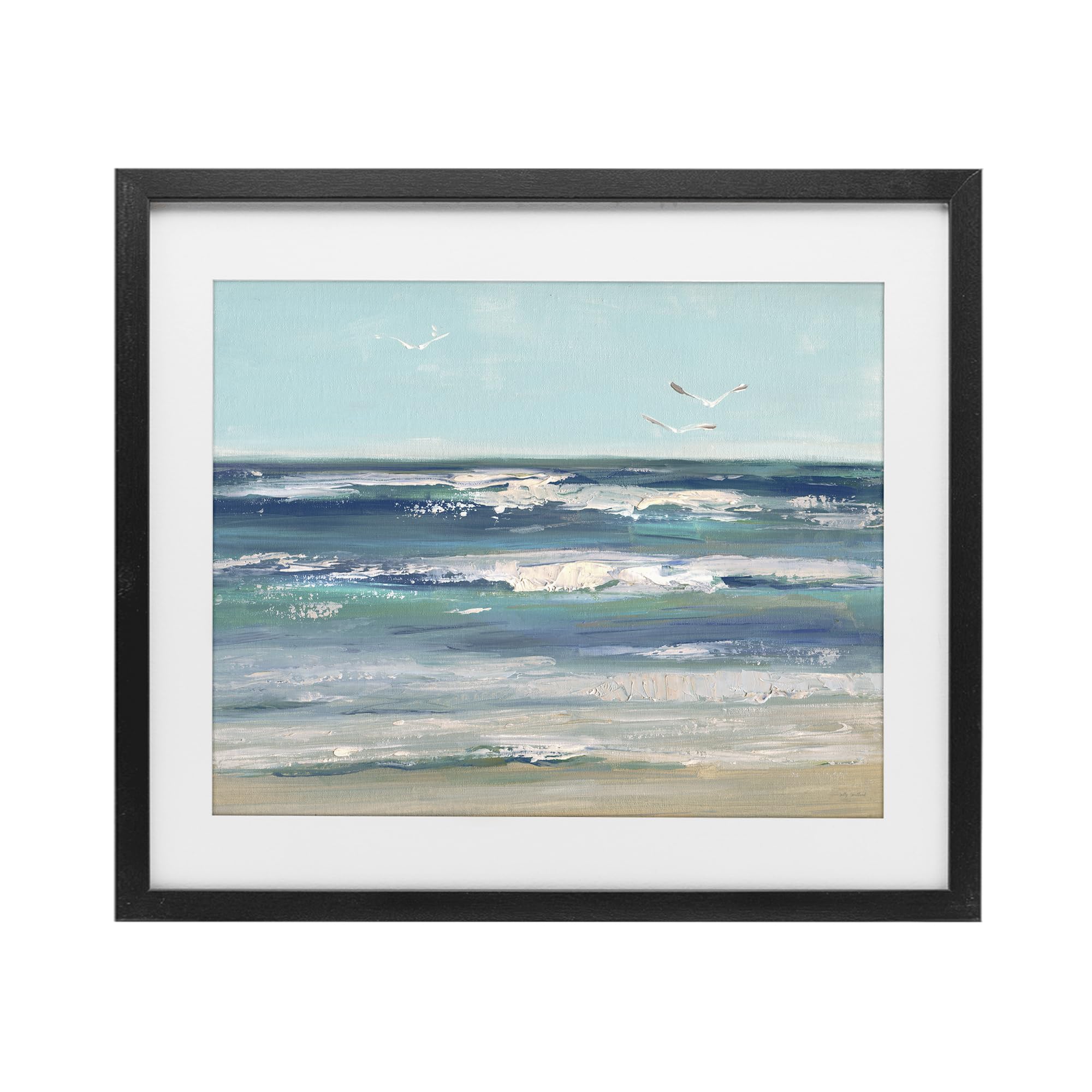 Stupell Industries Seagulls Over Rolling Waves, Tranquil Ocean Shoreline Decor for Dining Room, 13 x 16 Inch Framed Matted Print Under Glass, by Sally Swatland, Made in USA Gift