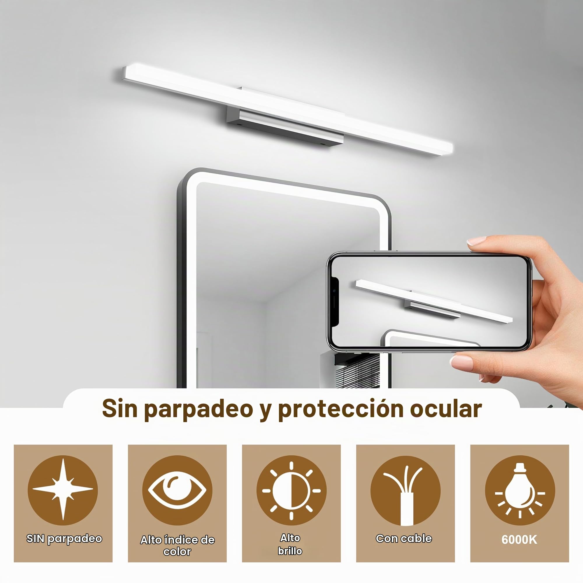 Led Aplique Espejo Baño, 60CM Luz Espejo Baño IP44 Blanco Frio 6000K Pared Luz, 10W Lampara Apliques de Para de Impermeable Plata