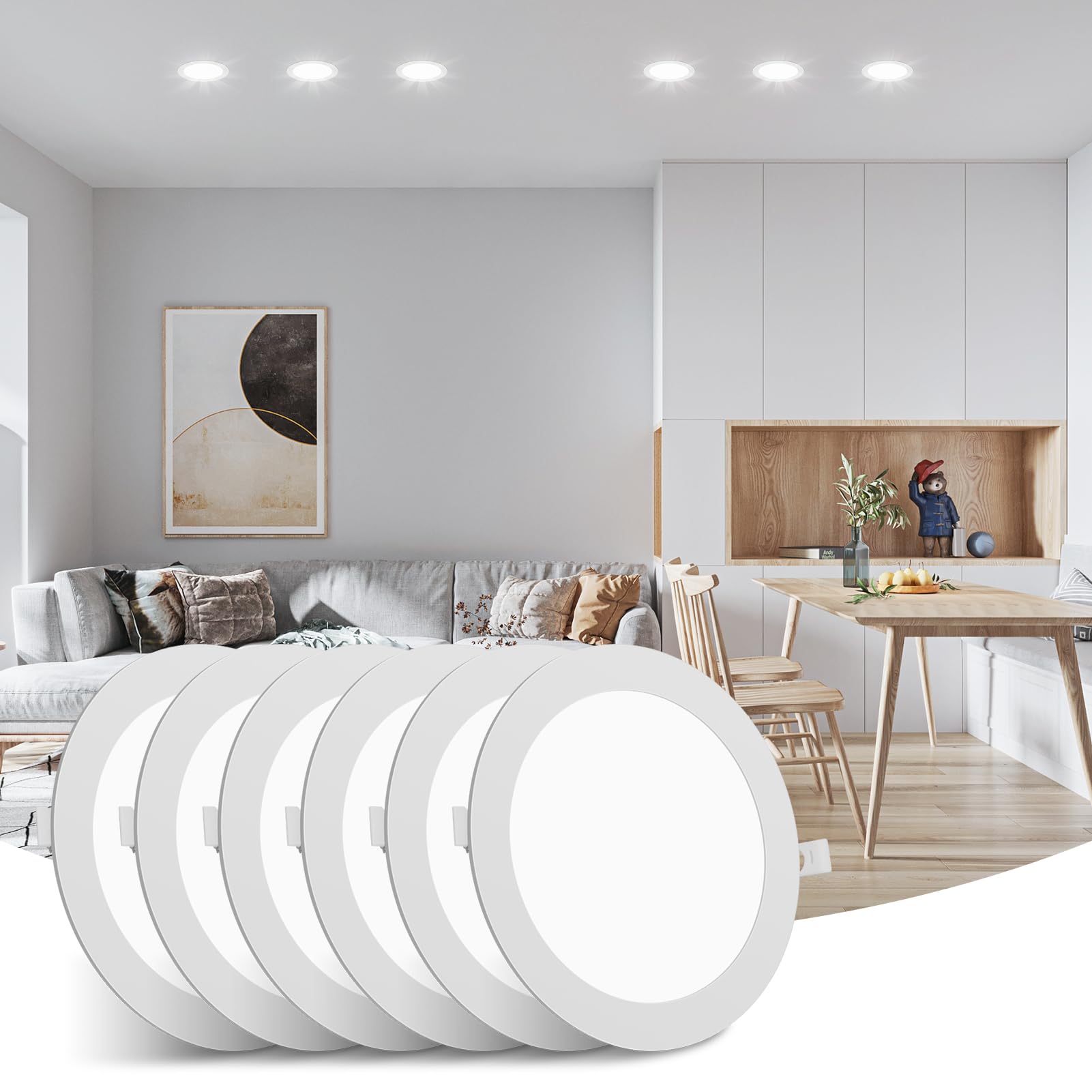Litglobe LED Downlights for Ceiling 15W 6 Pack,6500K Cool White Recessed Ceiling Lights,1350LM Ultra Slim Spot Lights,Cutout Φ175mm Round Spotlights for Bathroom Bedroom Kitchen Living Room