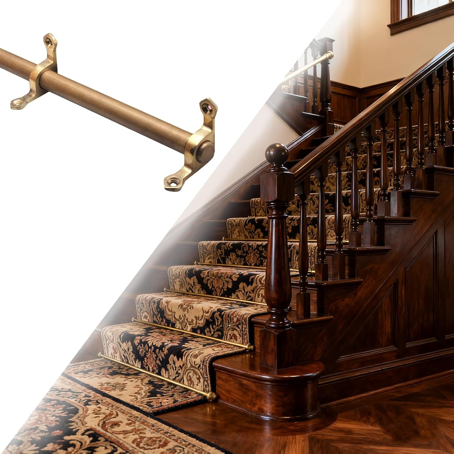 Brass Stair Carpet Retaining Rod, Antique Brass Poles 2 4 6 8 10 12 14 16 Pcs, Staircase Rug Runner Rods Holder Bracket Set(16 Pack,L 44in/112cm)