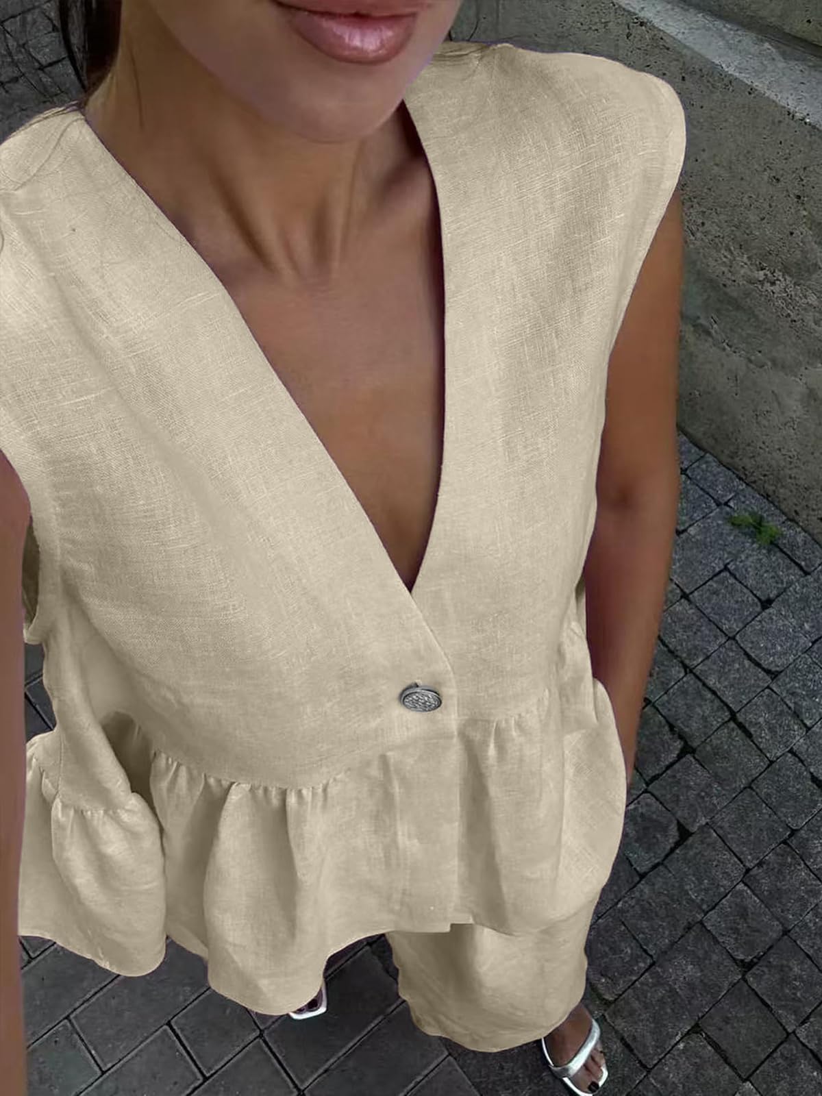 Volemo Zweiteiliges ärmelloses Set mit V-Ausschnitt für Damen, breite Bein-Weste, Elegante Sommer-Anzüge für den Urlaub