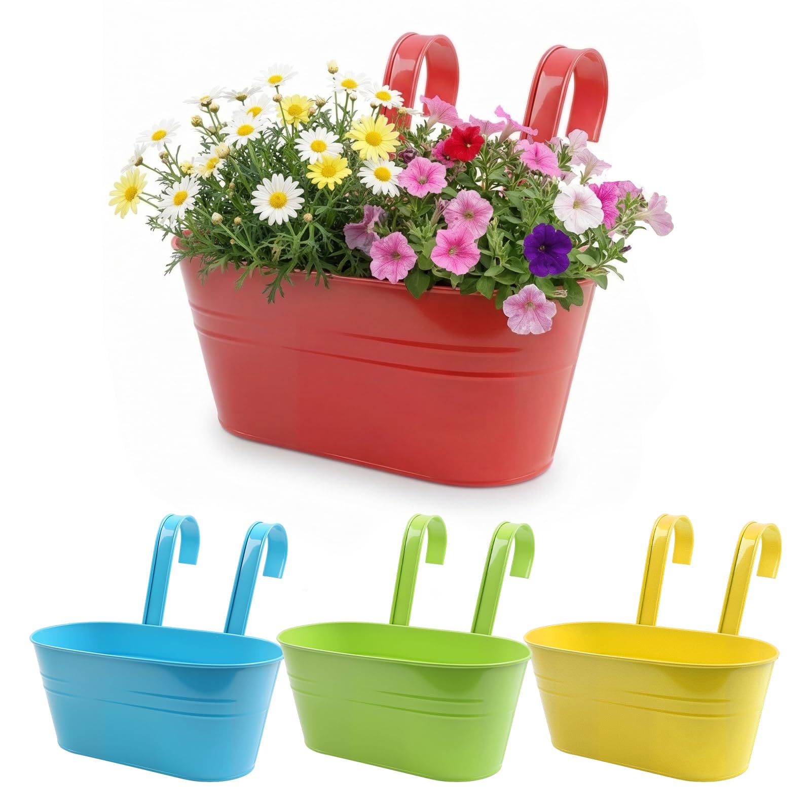 YedZen 4Pcs Hanging Flower Pots, 27.5cm Large Metal Hanging Plant Pots, Over Fence Planters with Detachable Hooks and Drainageloch, Balcony Planters for Railing Fence Home Decor Garden, 4 Colours