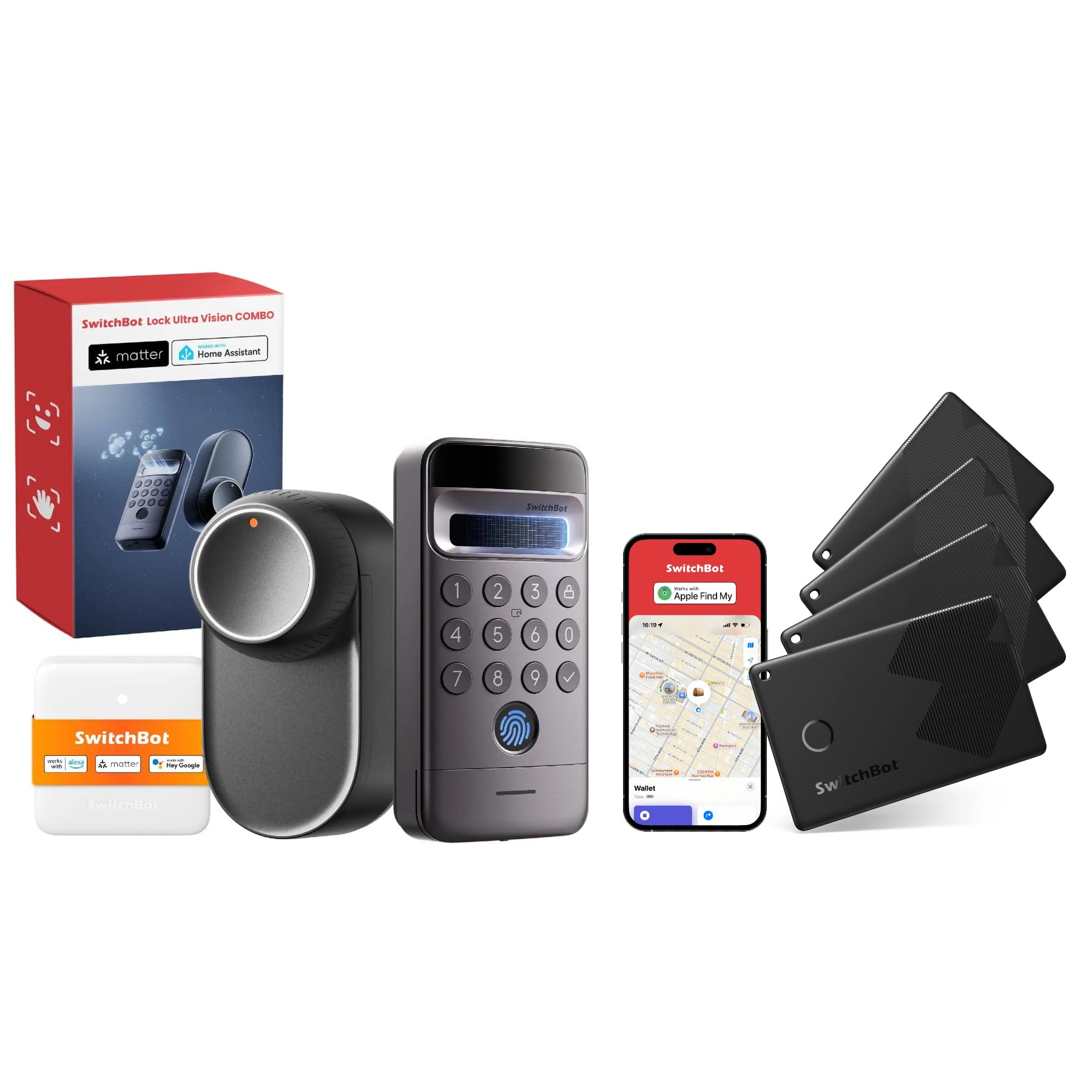 SwitchBot WiFi Smart Lock Ultra con Tastierino Vision Pro e Wallet Finder Card 4Pezzi, riconoscimento 3D di volto e vene palmari, sblocco contactless, compatibile con cilindri europei, Supporta Matter
