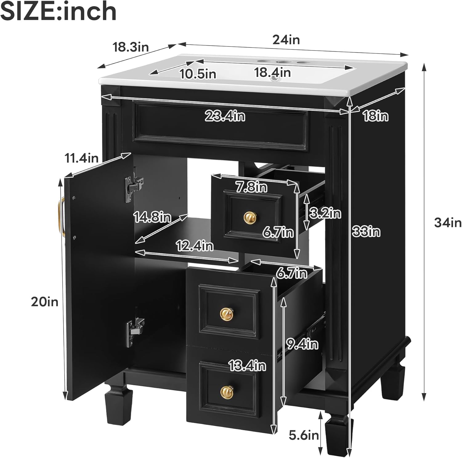 Merax 24" Bathroom Vanity with Ceramic Sink, Small Bathroom Sink Cabinet with 2 Drawers and Adjustable Shelf Black