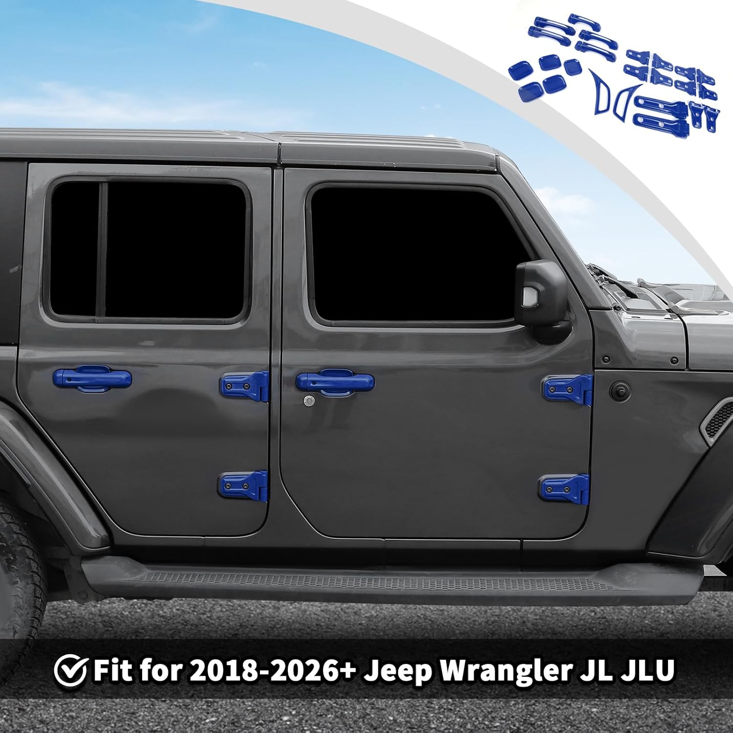 JWWY Exterior Cover Trim Kit for 2018–2026 Jeep Wrangler JL JLU, Full Door Handle Hood Hinge Side Air Vent Exterior Door Bowl, 41PCS Blue