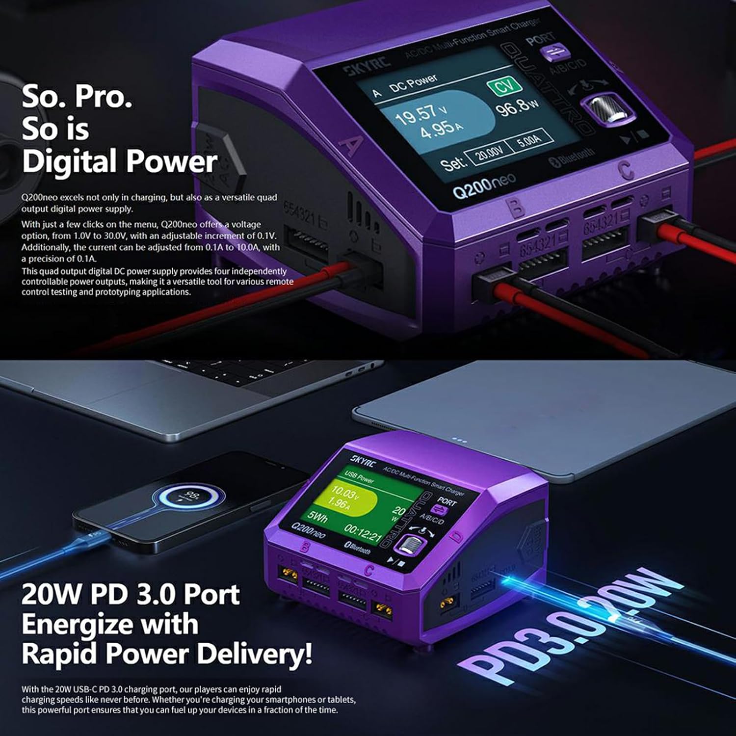 GoolRC Q200neo AC/DC Multi-Function Smart Charger, Lipo Battery Balance Charger Discharger AC 200W DC 400W 10A for 1-6S LiPo/Life/LiIon/LiHV, 2-15S NiMH/NiCd, 3S/6S/12S Pb Batteries