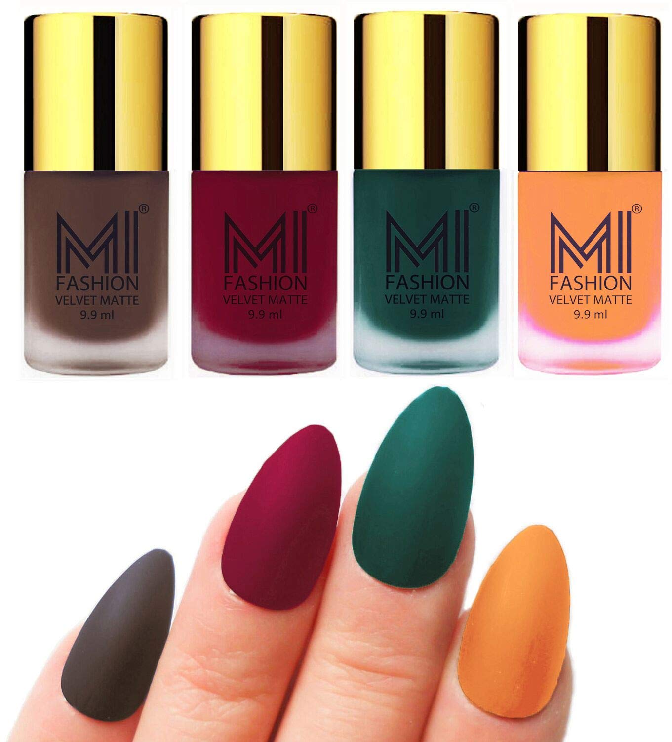 MI FASHION Velvet Matte Nail Polish Set Lacquer & Highly Pigmented Intsense Color 9.9mlCoffee, Mauve, Dark Green, Saffron Orange (Pack Of-4)-image-11