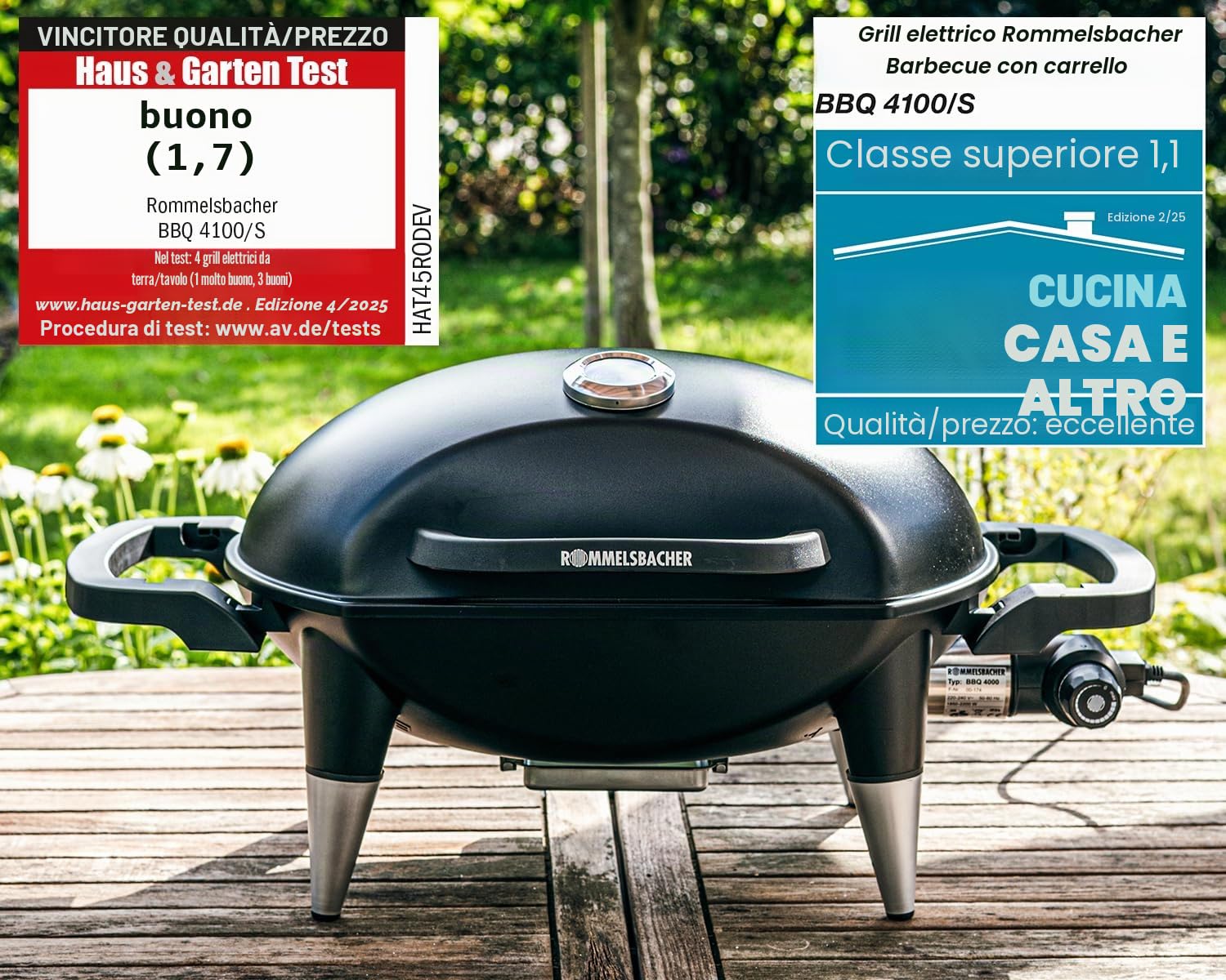 ROMMELSBACHER Barbecue Grill BBQ 4000, 2 pezzi, griglia in ghisa, coperchio a cerniera con indicatore di temperatura, temperatura fino a 300 °C, espandibile con carrello per barbecue, 2200 W